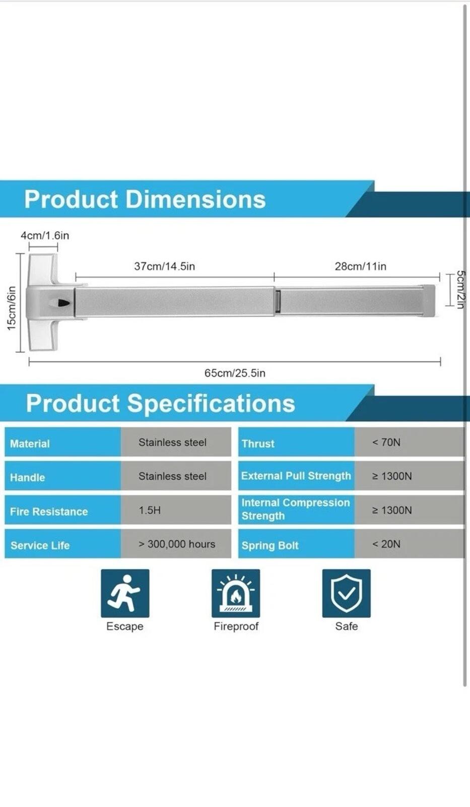 25.5" Panic Exit Device - Stainless Steel Push Bar Lock for Single/Double Doors,