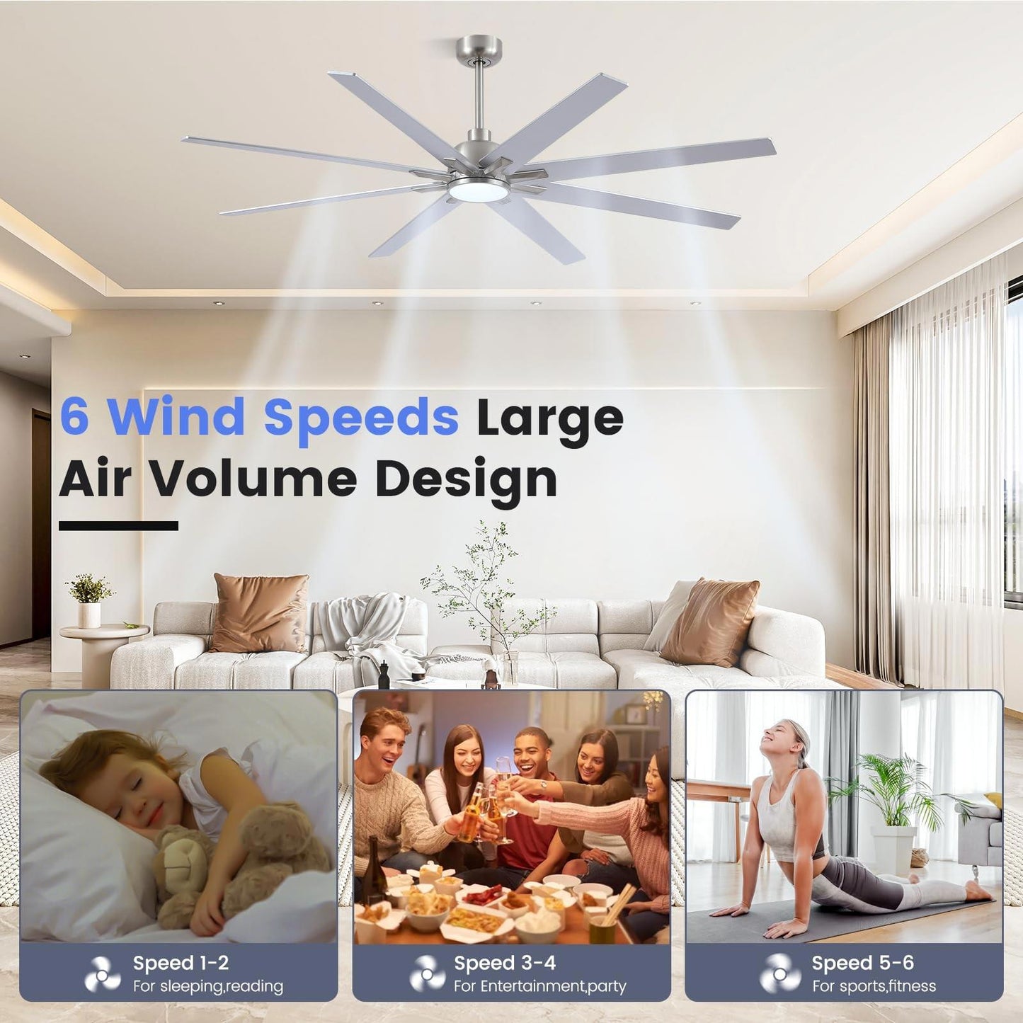 72 inch Large Ceiling Fans with Lights and Remote, Indoor/Outdoor Brushed Nic...