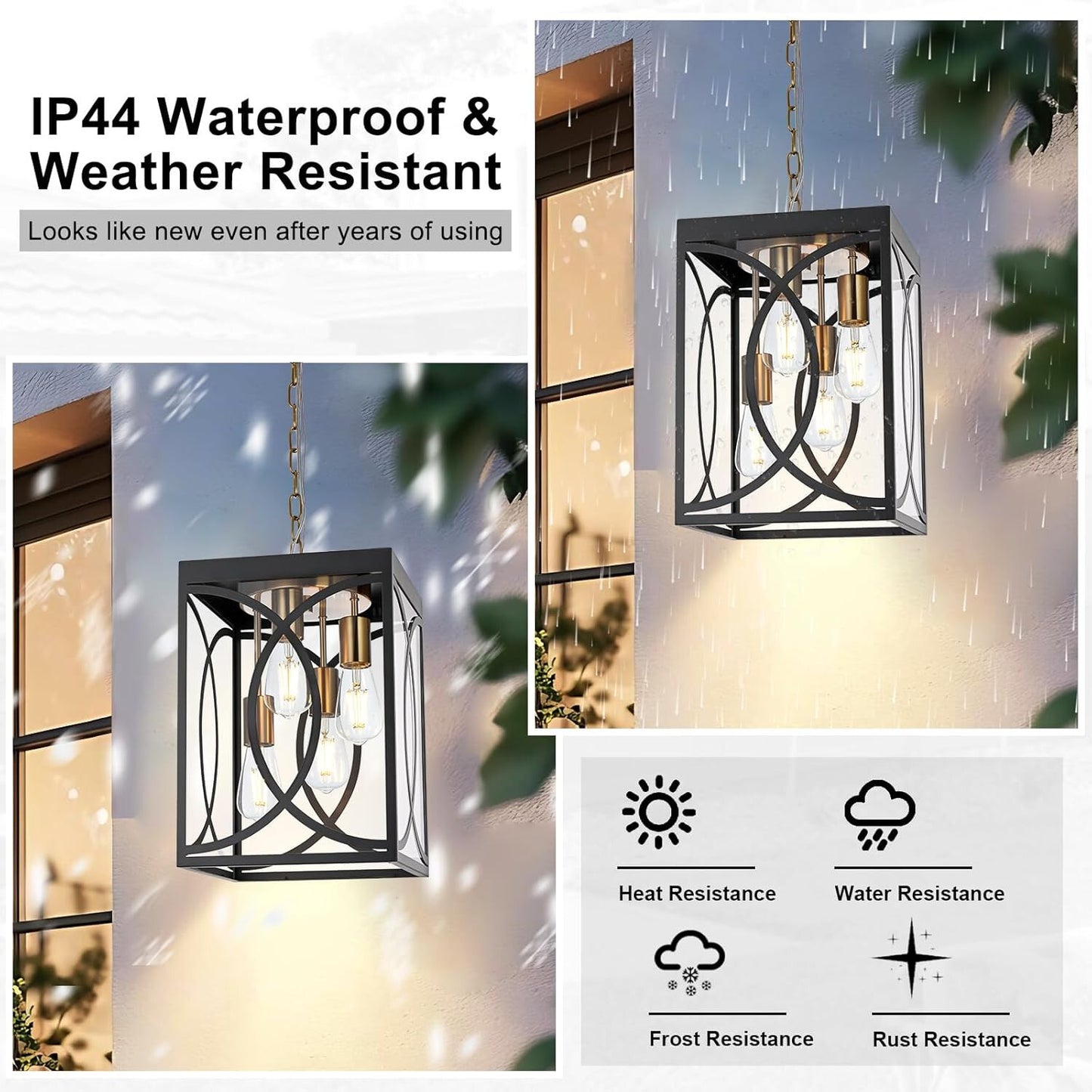 4-Lights Large Outdoor Pendant Light Fixture, E26 Bulb Base Porch Hanging Lighti
