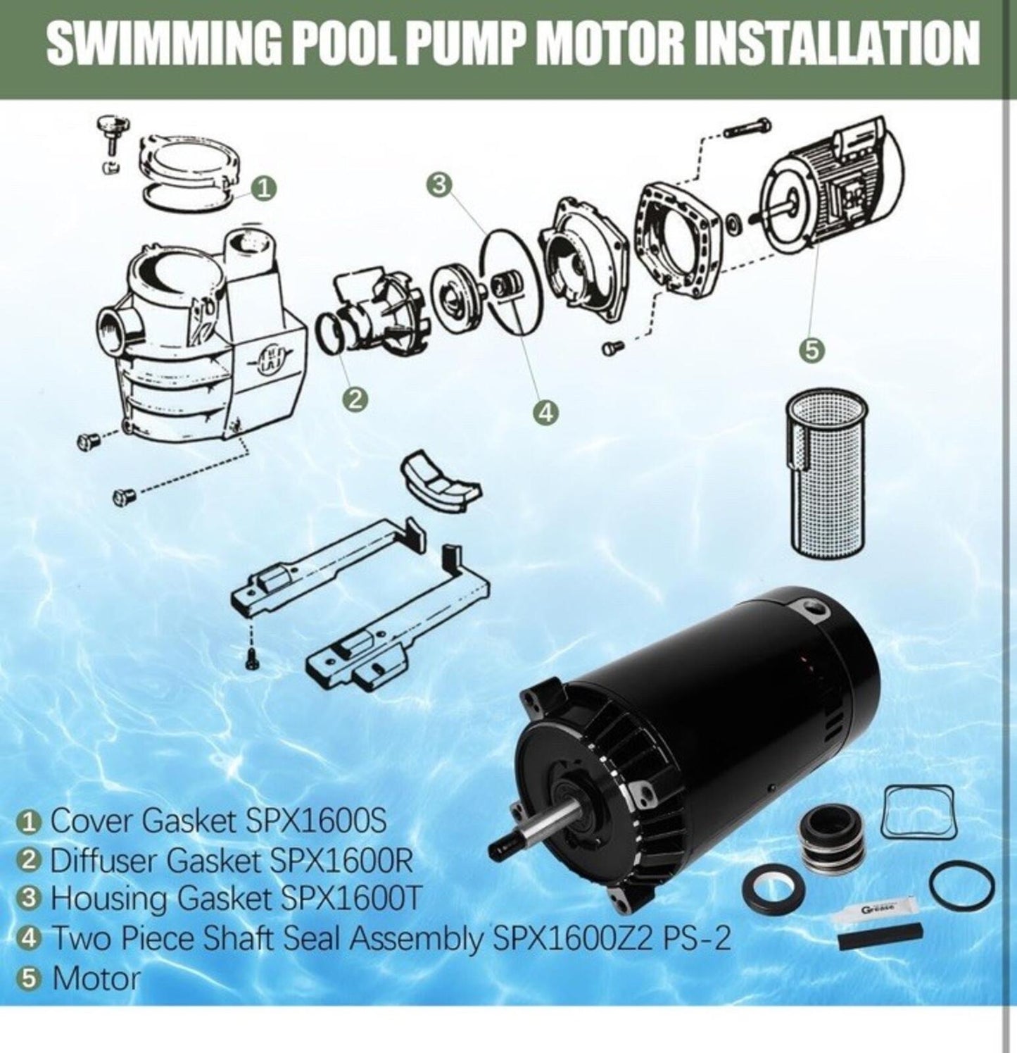 Ust1152 Pool Pump Motor 1.5Hp 56J Replacement W/ Seal Kit Hayward