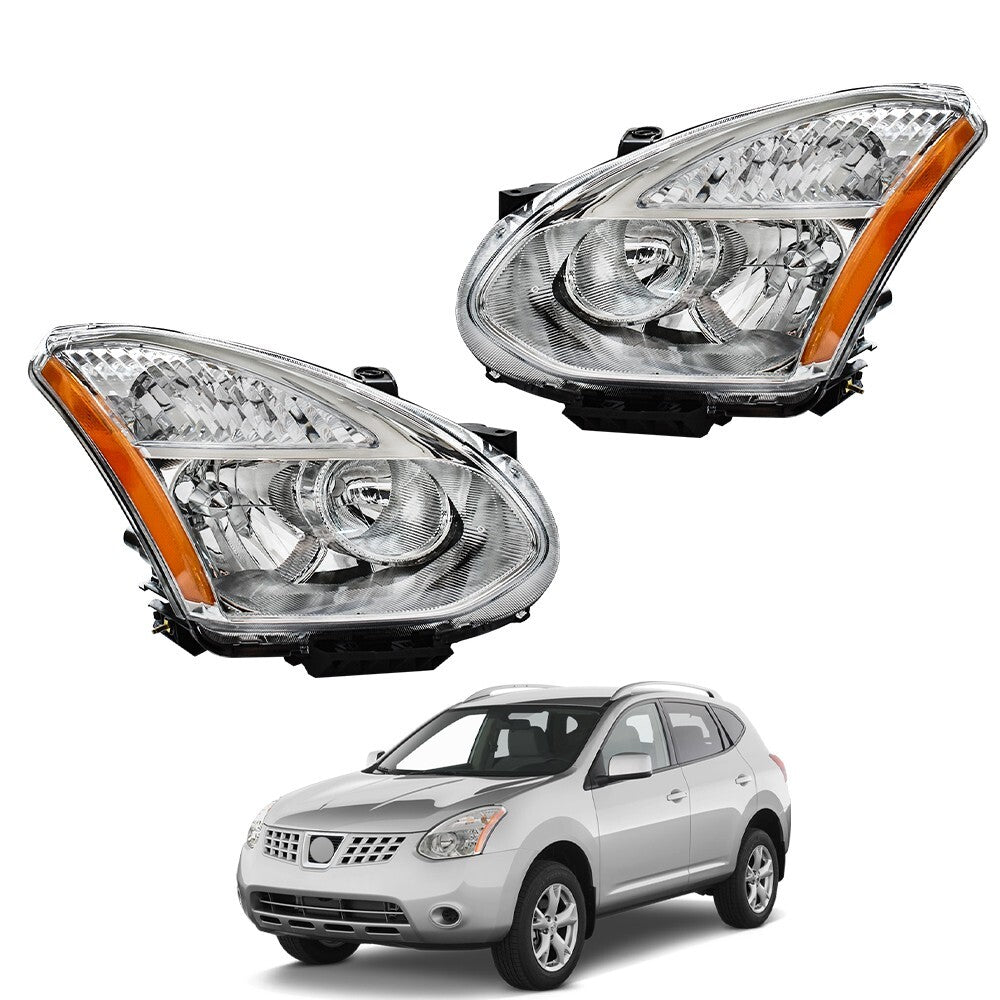 Headlights For Nissan Rogue 2008-2013 Halogen Chrome Headlamps Left+Right Side