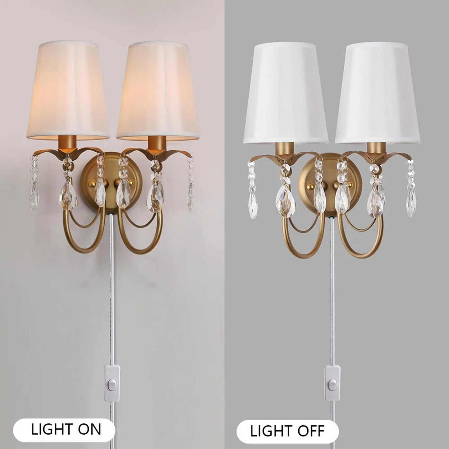 Vintage Wall Sconces with Fabric Lampshape& Crystal Hallway 2-Lights Wall Lamp