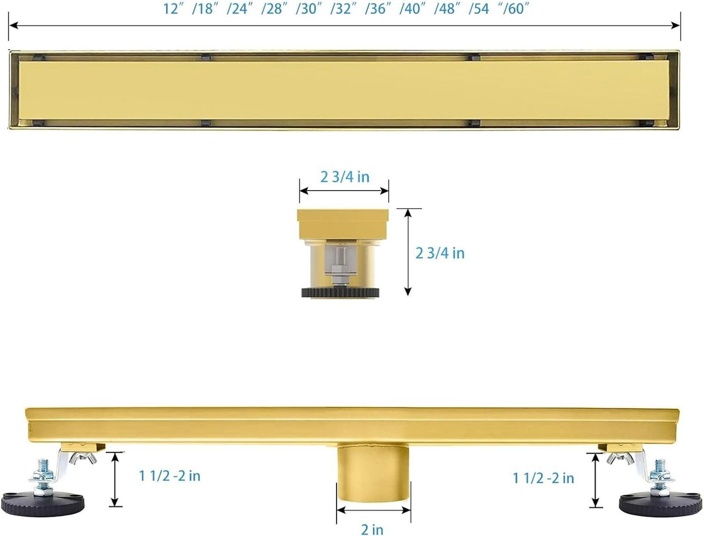 Gold Linear Shower Drain 40 inch with Invisible 2 in 1 Tile Insert Panel 304