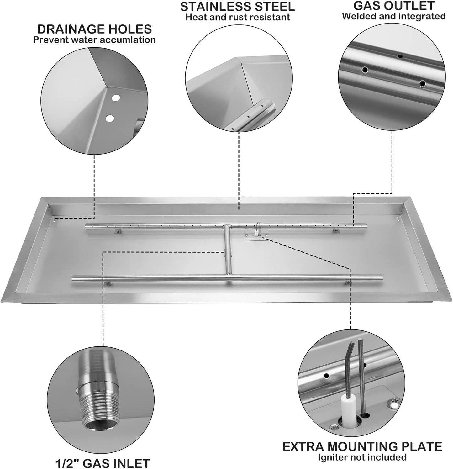 Stanbroil 48 x 14 inch Rectangle Fire Pit Kit with Spark Ignition, Drop-in Natur