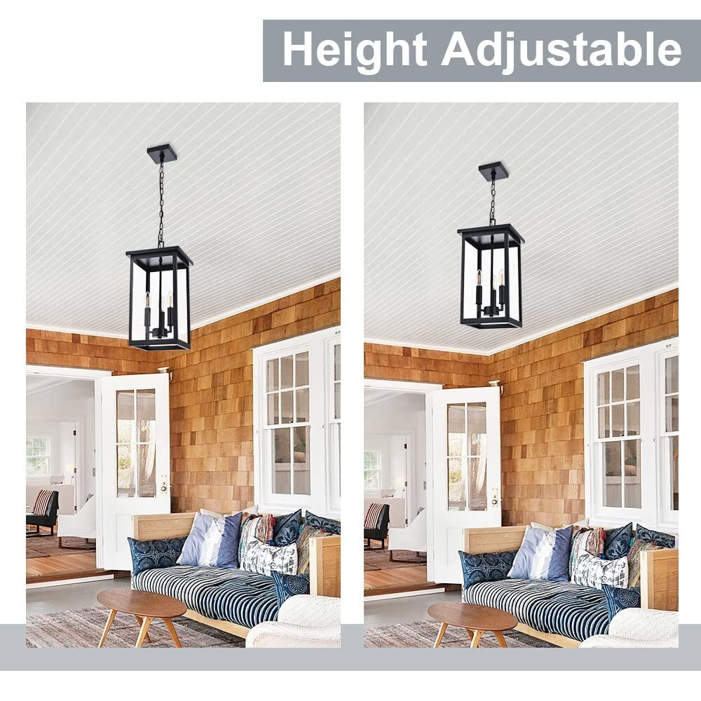 Black Outdoor Pendant Lanern, E12 Candle Chandelier 3-Lights Large Exterior H...