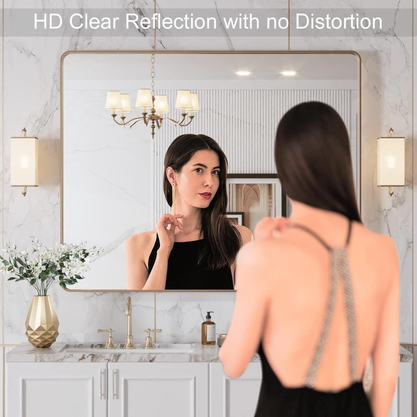 40”X36” Gold Bathroom Mirror, Rounded Rectangle Gold Frame Mirror
