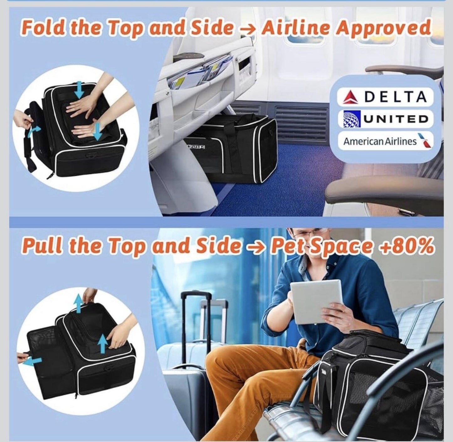 Airline Pet Carrier 18x11x11 Expandable TSA Approved - Delta, United, American