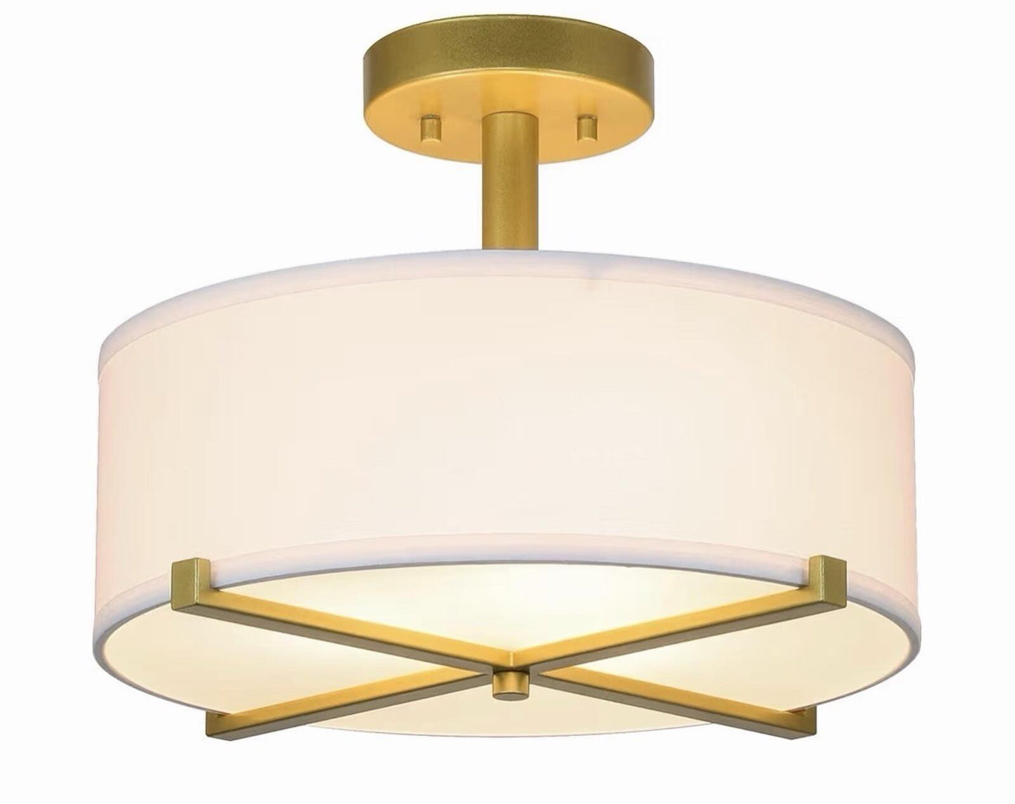 Semi Flush Mount Ceiling Light Modern Gold Brass Drum Light Fixture with Fabric