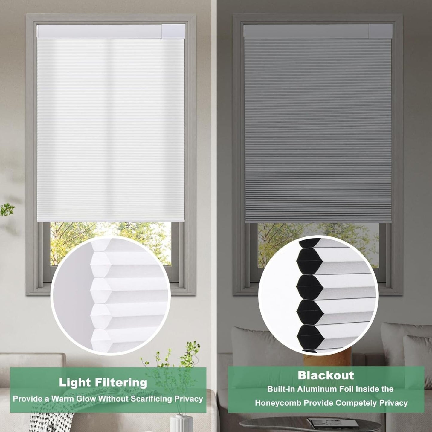 No Drill Cellular Shades for Indoor Windows Honeycomb Blinds 51 1/2" W x 64" H