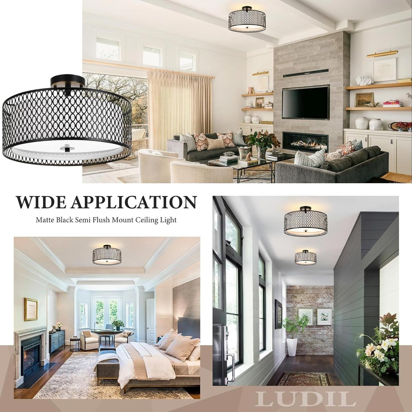 17" Semi Flush Mount Ceiling Light Fixture, Modern 3-Light E26 Double Drum Ceili