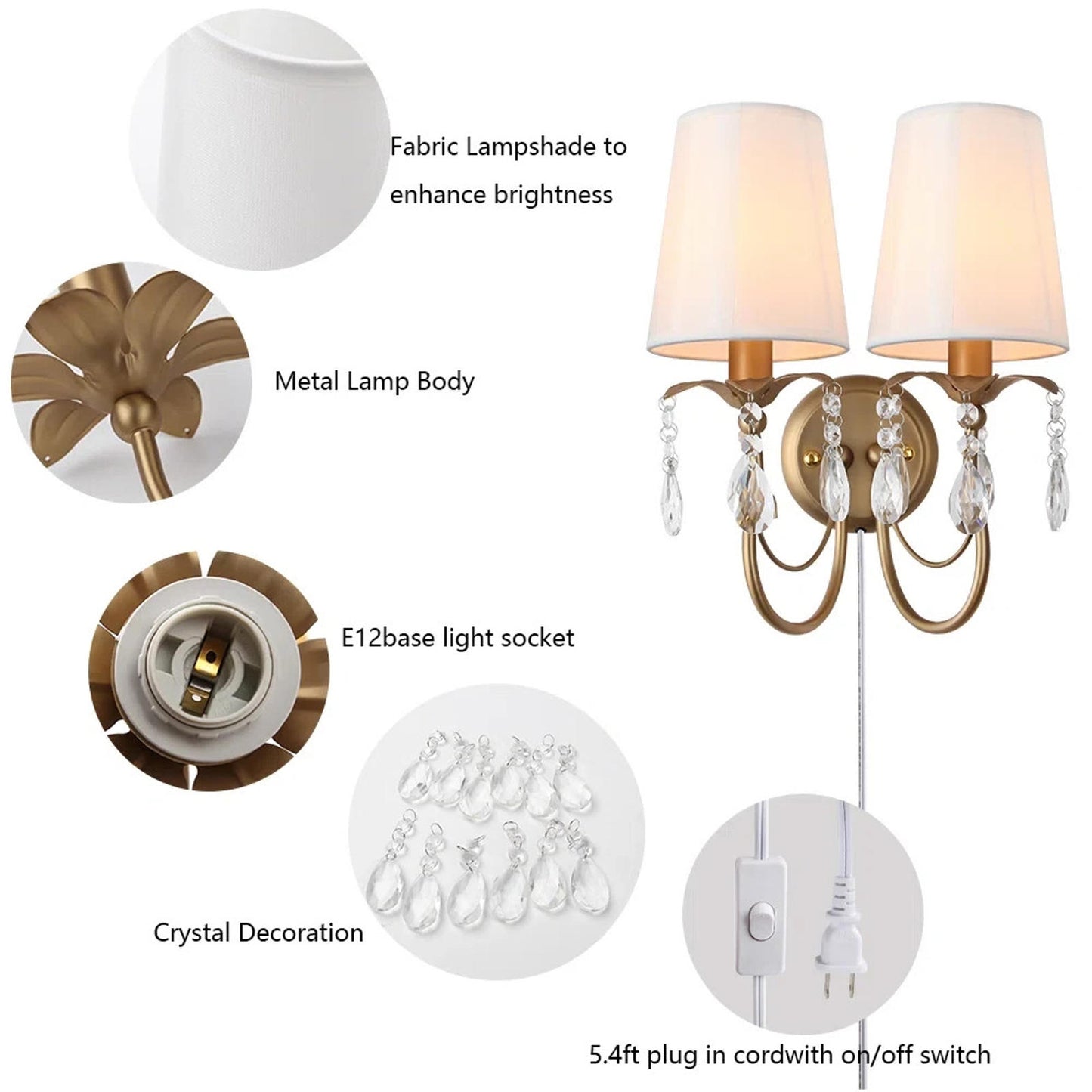 Vintage Wall Sconces with Fabric Lampshape& Crystal Hallway 2-Lights Wall Lamp
