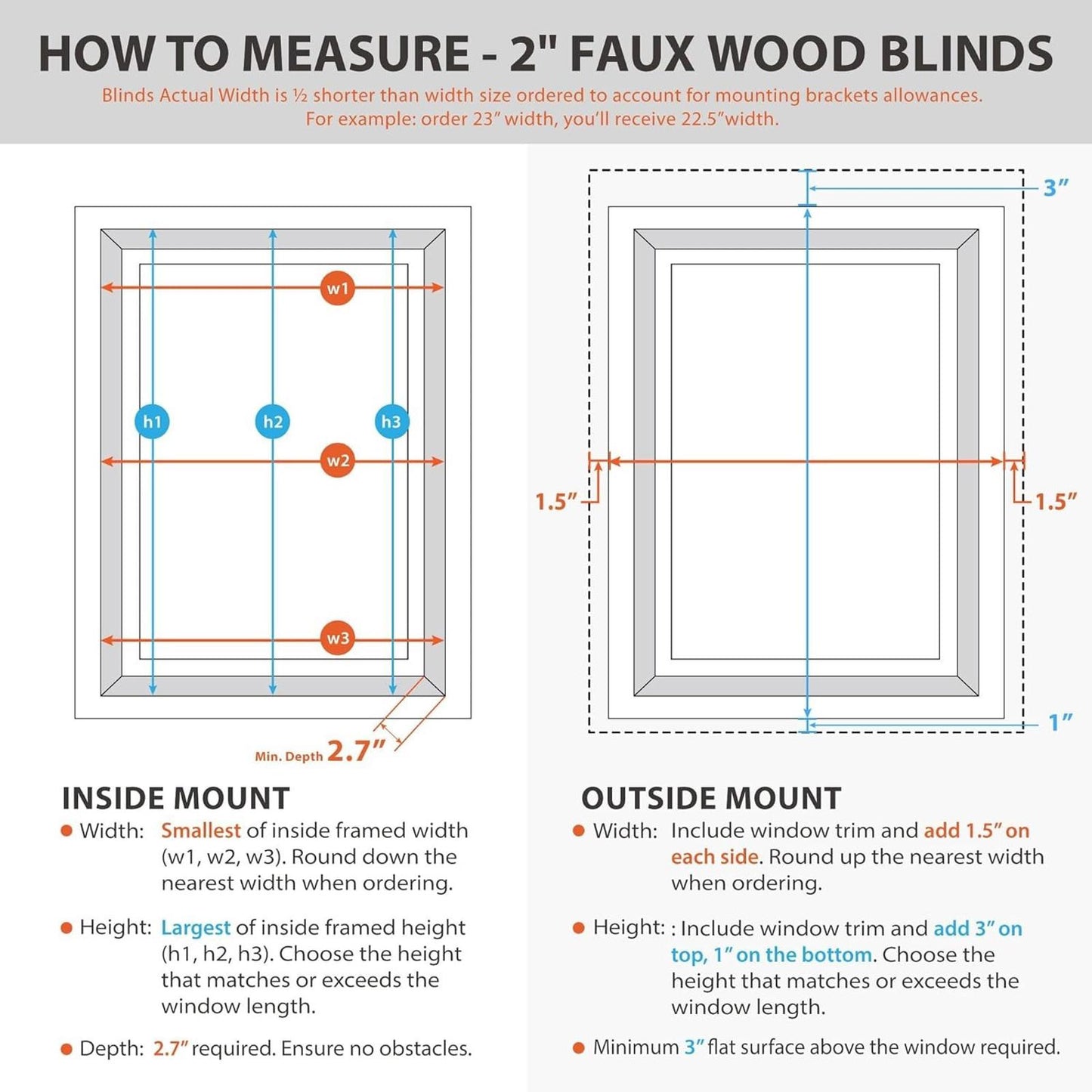 DEZ FURNISHINGS Cordless 2" Faux Wood Blind, 23.5" W x 64" H, White