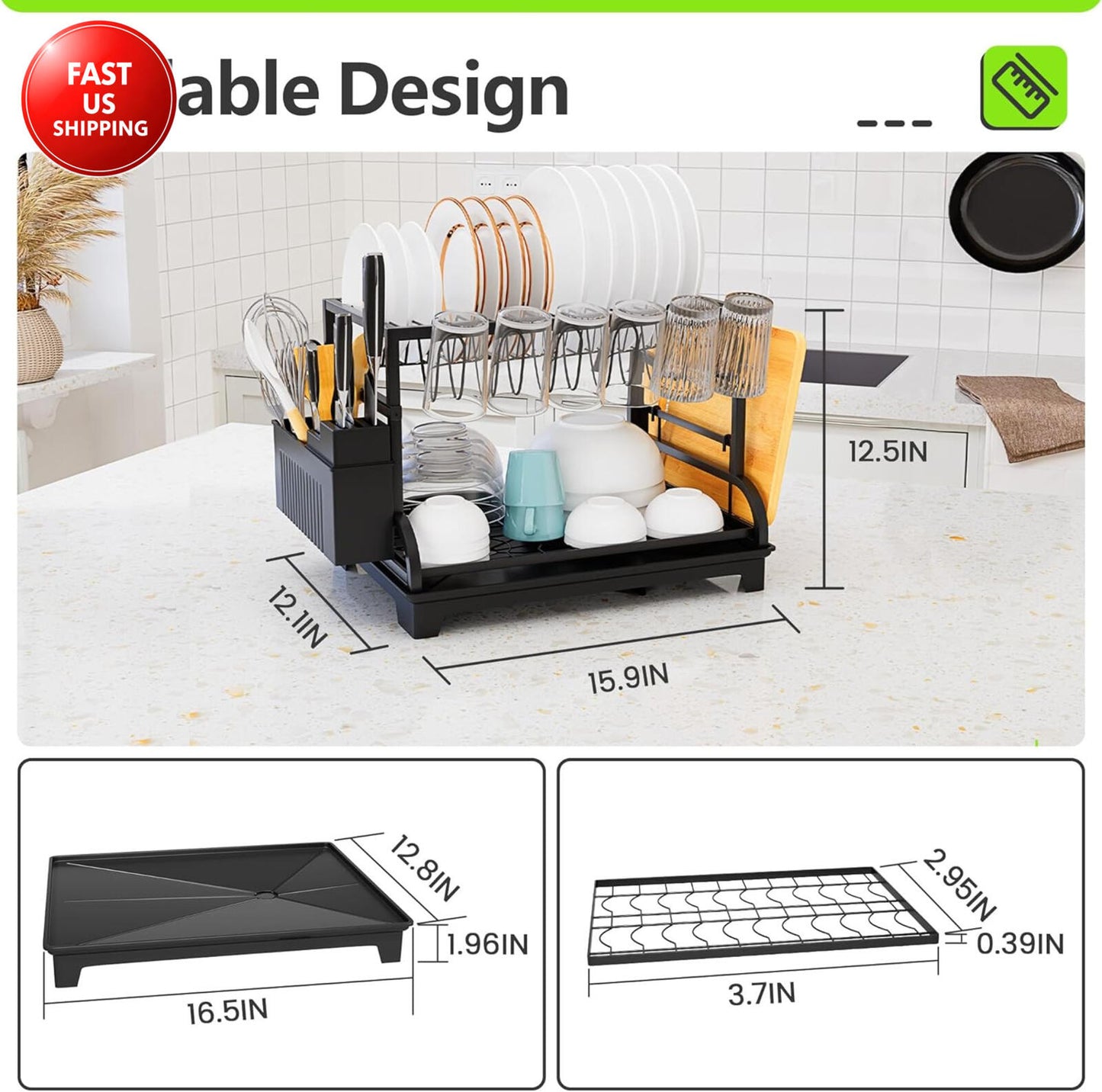 2-Tier Foldable Dish Drying Rack with Drainboard, Stainless Steel Large Capacity