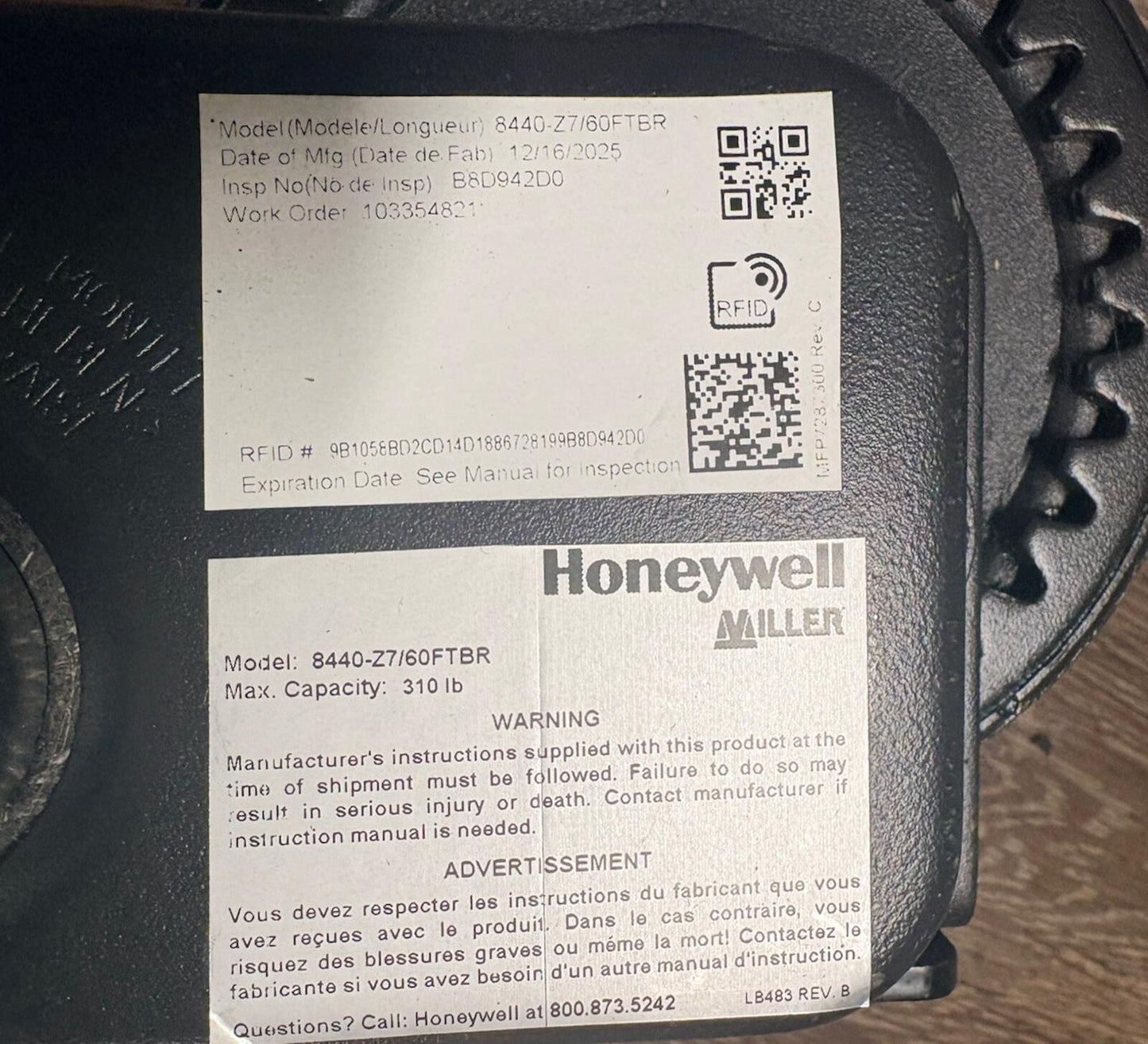 Honeywell Miller 8440-Z7/60FTBR Confined Space Wench 60 Foot 400 Pound wench pully