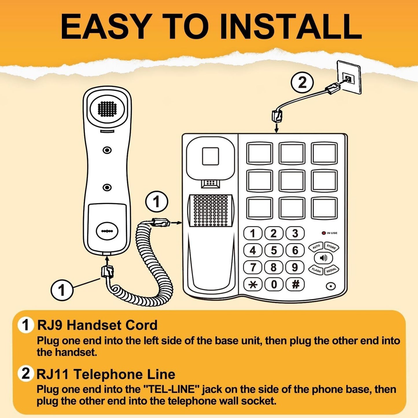 Big Button Phone for Seniors, Corded Landline Phone with 9 One-Touch Dialing