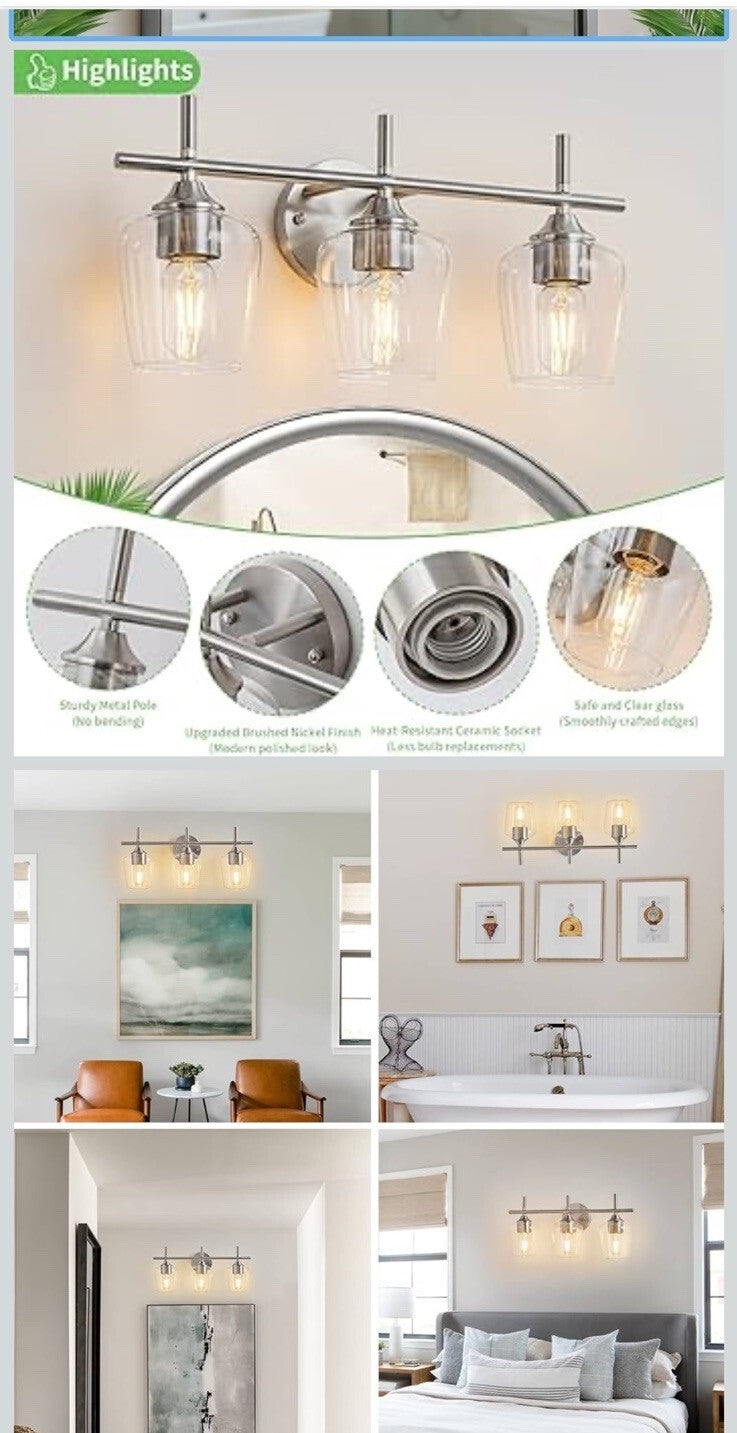 ADSENSTY 3-Light Nickel Vanity Light with Clear Glass Bathroom Wall Sconce