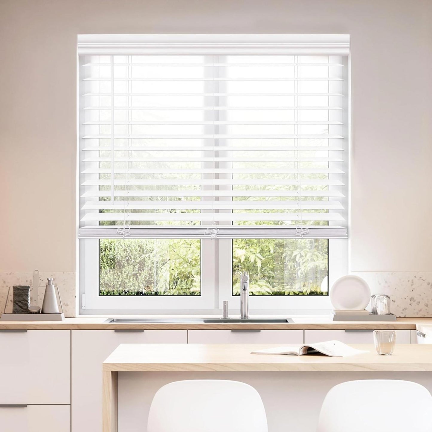 DEZ FURNISHINGS Cordless 2" Faux Wood Blind, 23.5" W x 64" H, White