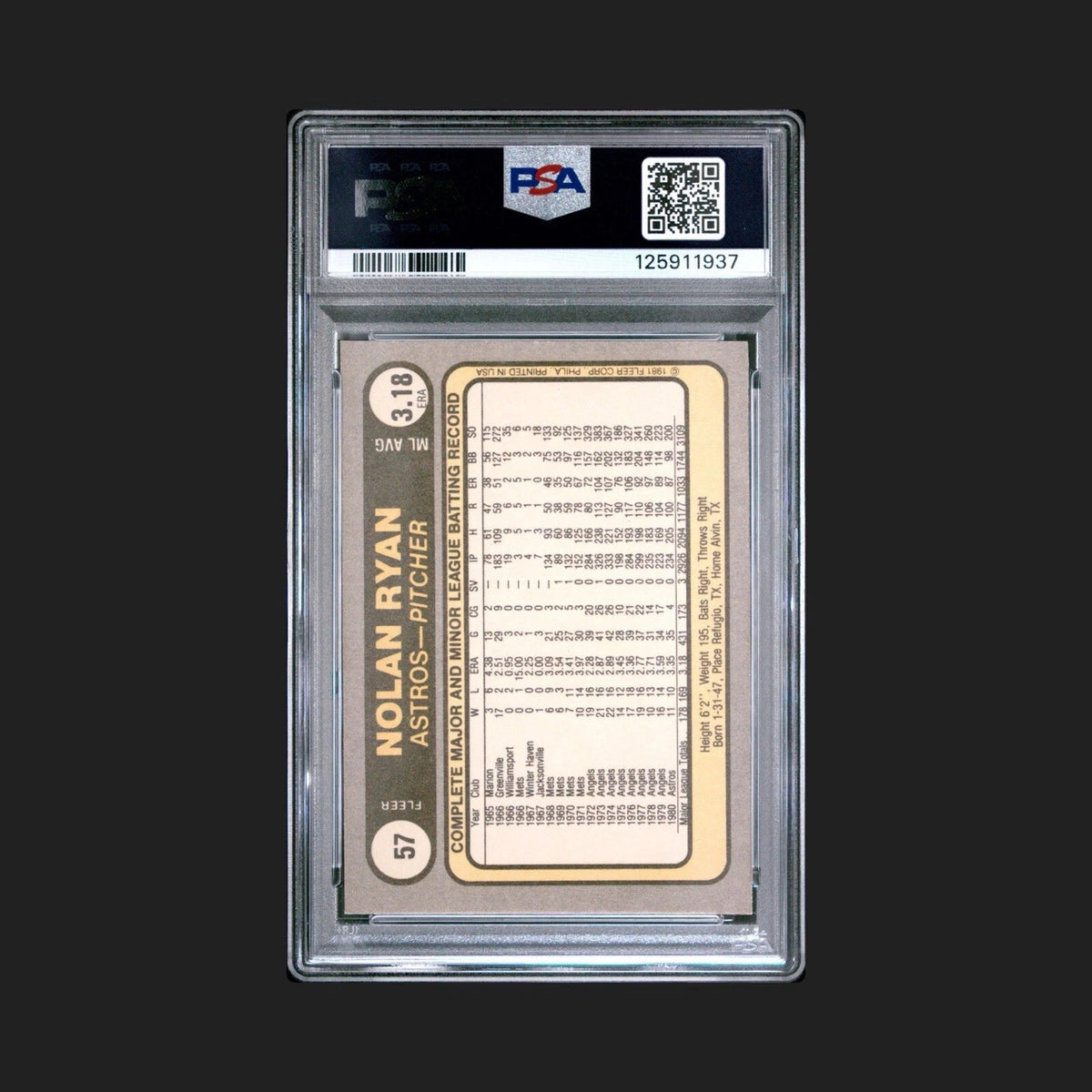 1981 Fleer Nolan Ryan #57 Baseball Card Graded PSA 7 NM Hall Of Fame CLEAN