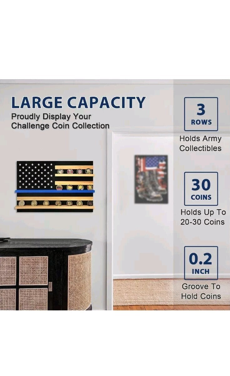 Thin Blue Line American Flag Wood Display Case Coin Holder Handmade Copper Coin 20"x 13"