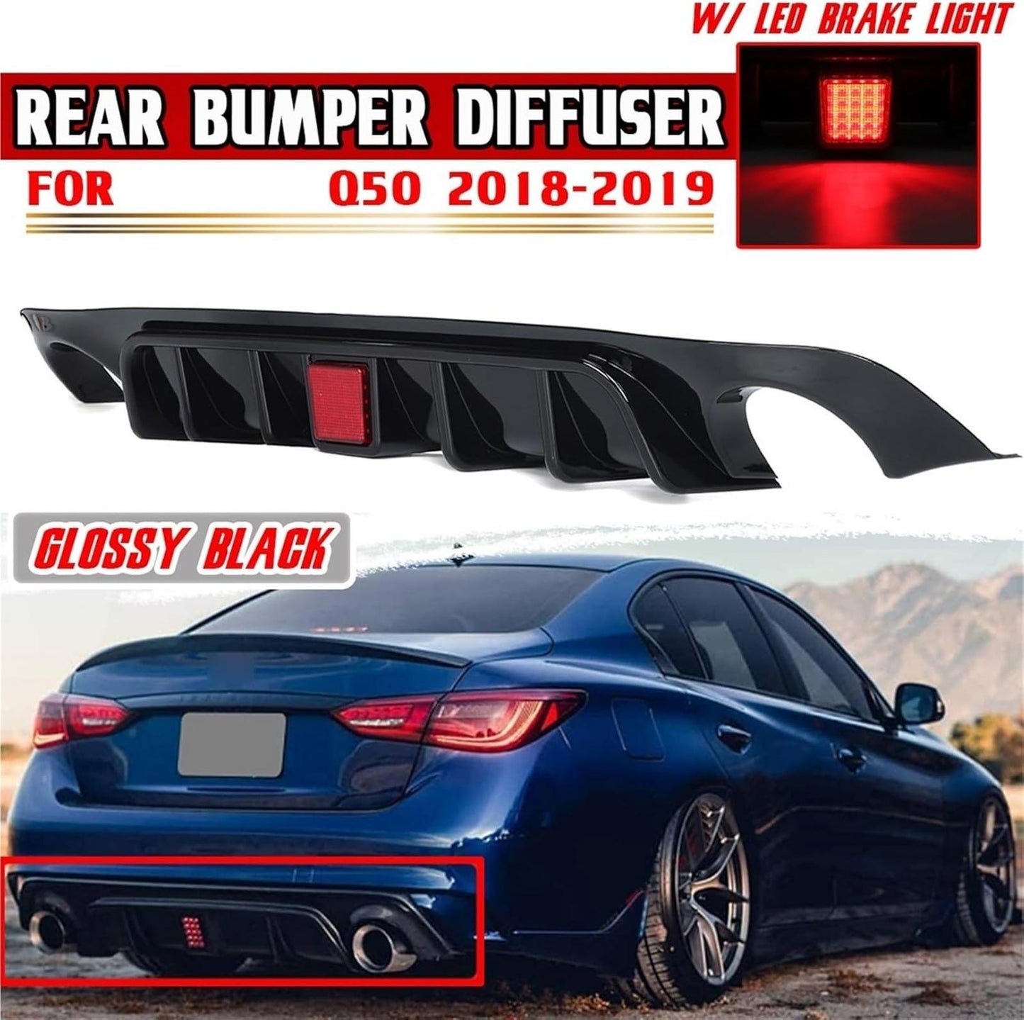 Carbon Fiber Look/Black Car Rear Bumper Diffuser Fins W/Led Brake Light Lamp