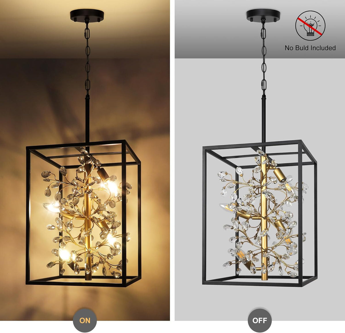 Modern Black and Gold Lantern Chandelier, 4-Light Rustic Pendant Light