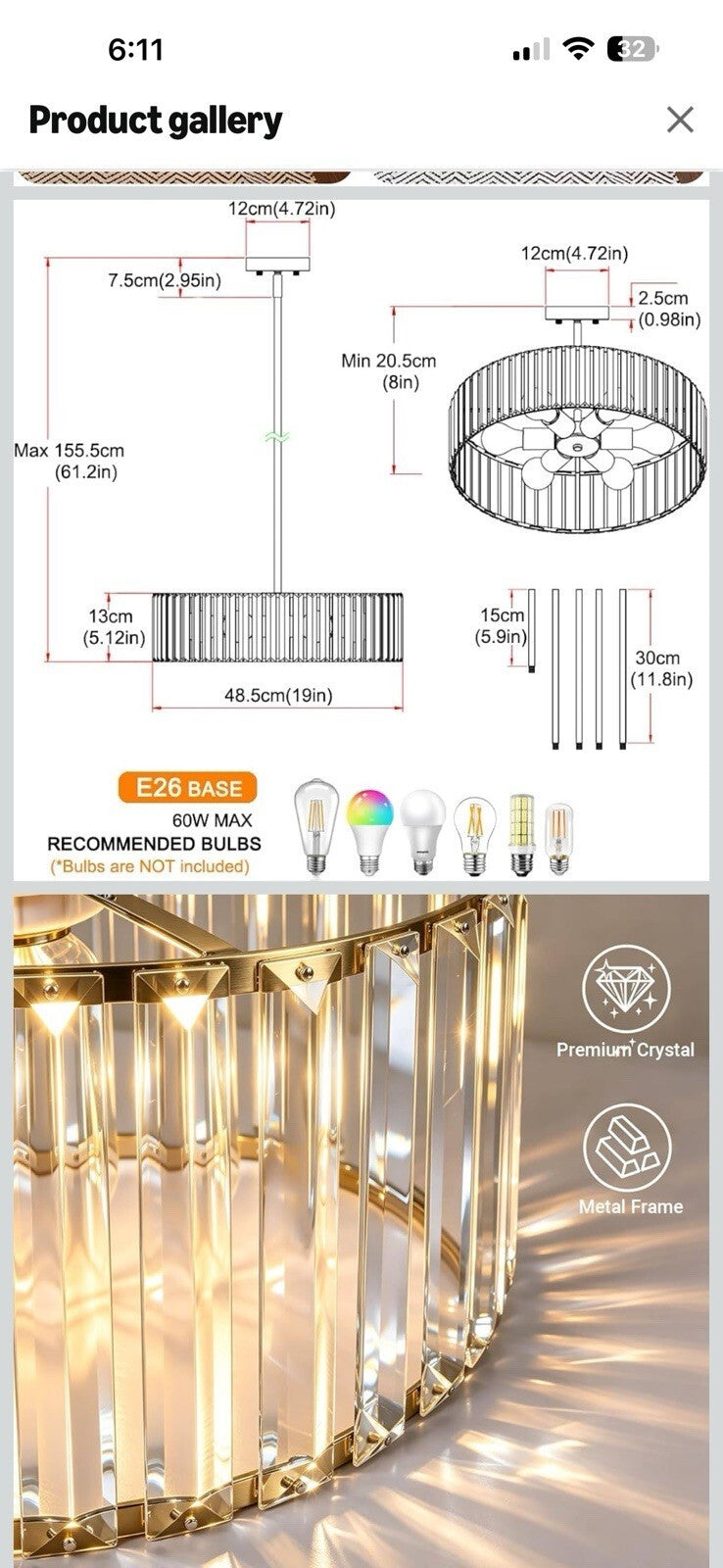 Gold Crystal Chandelier for Dining room, 6-Light Modern Semi Flush Mount Ceiling