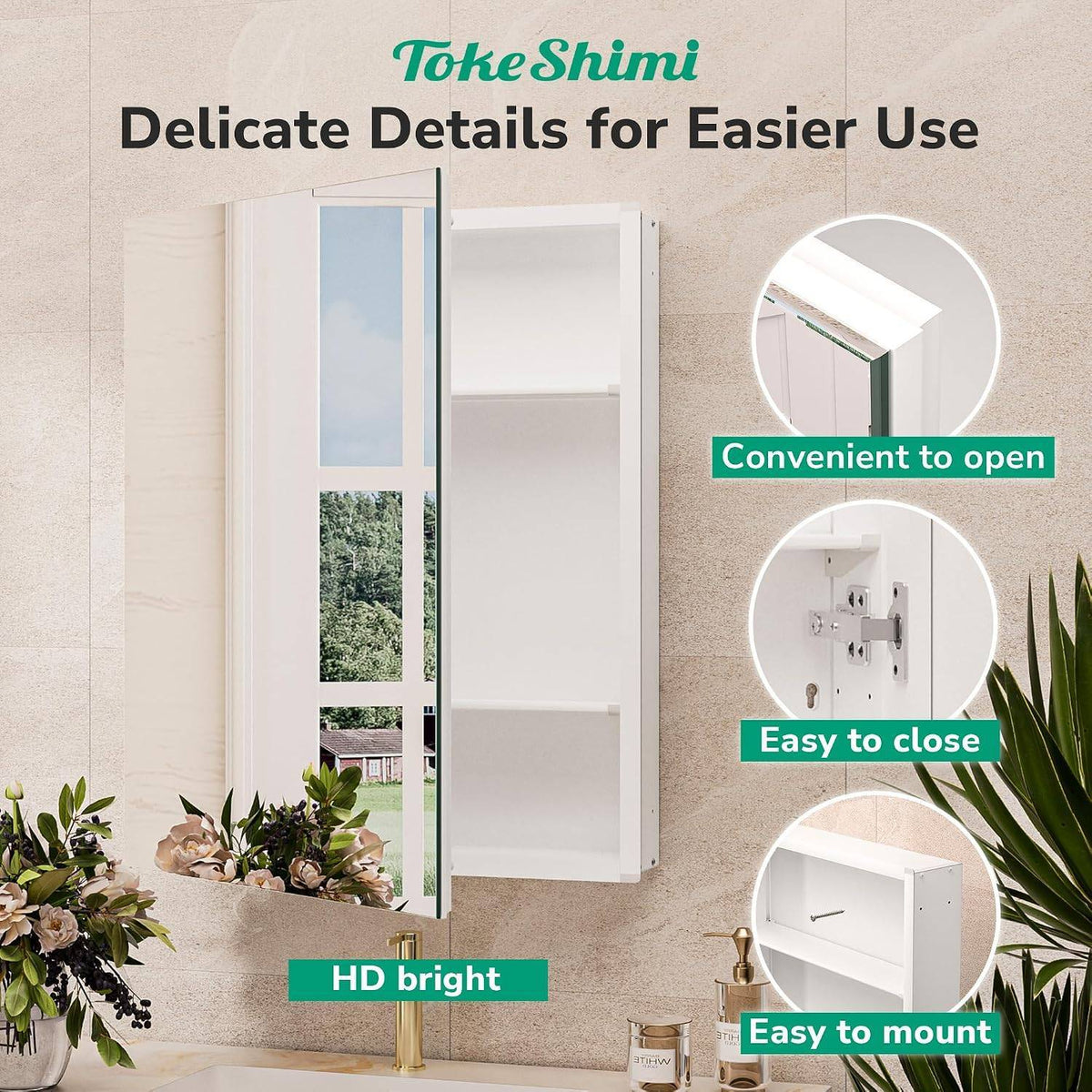 Frameless White Bathroom Medicine Cabinet 14x18, Tempered Mirror, Adjustable Sto