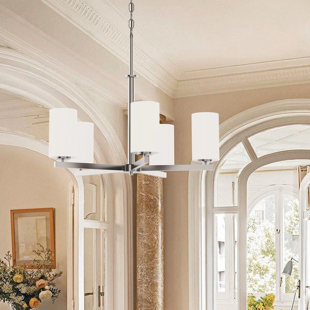 5 Light Chandelier Adjustable Hanging Pendant Light with Glass in Brushed Nickel