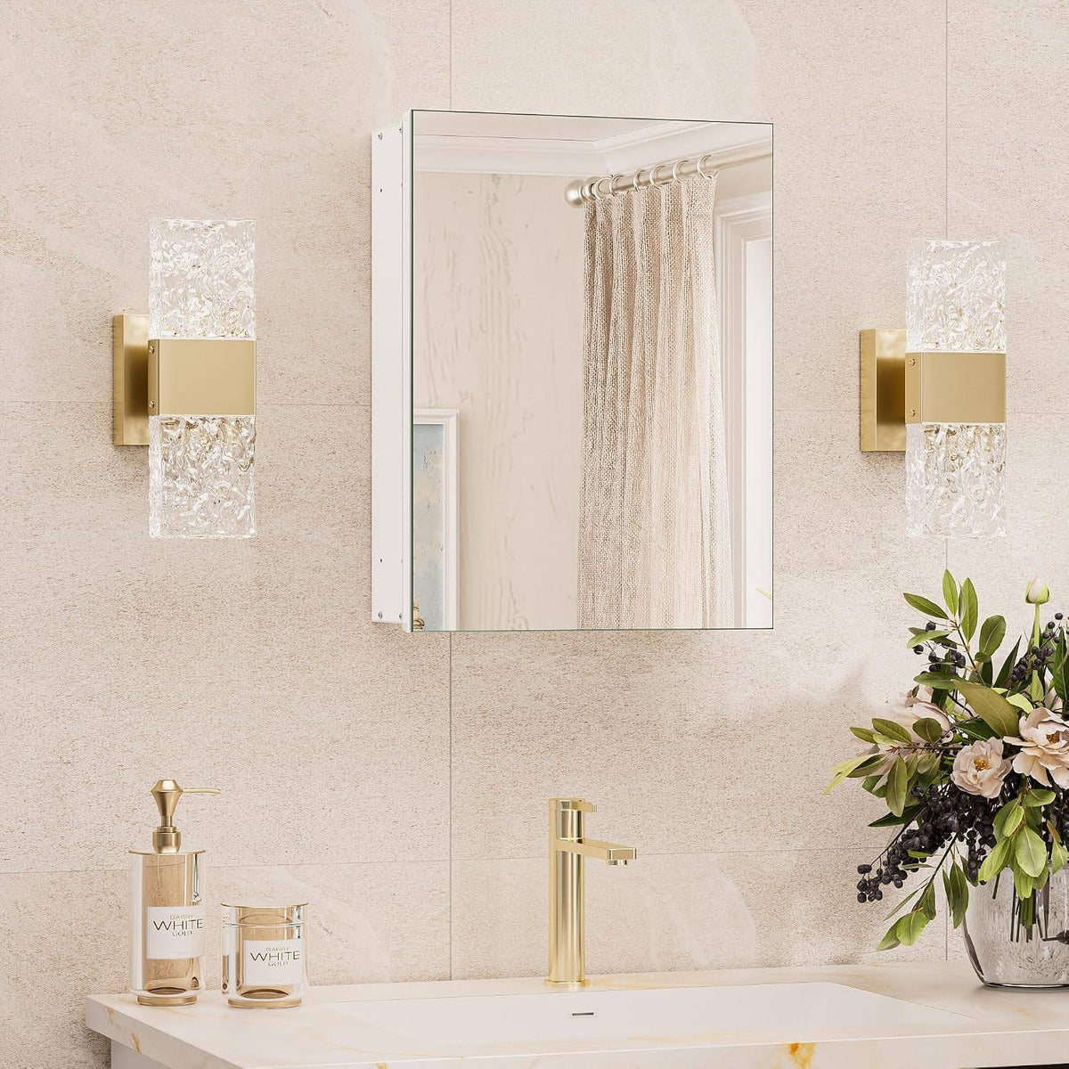 Frameless White Bathroom Medicine Cabinet 14x18, Tempered Mirror, Adjustable Sto