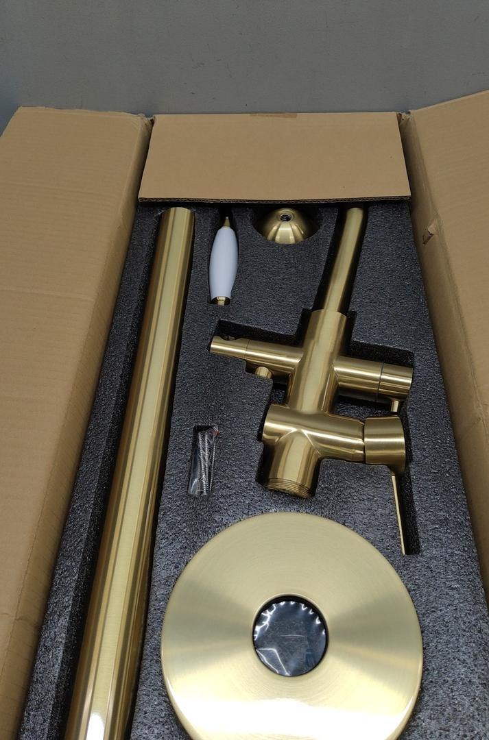 RIGOBAL Freestanding Bathtub Faucet Brushed Gold Floor Mount Hand Shower