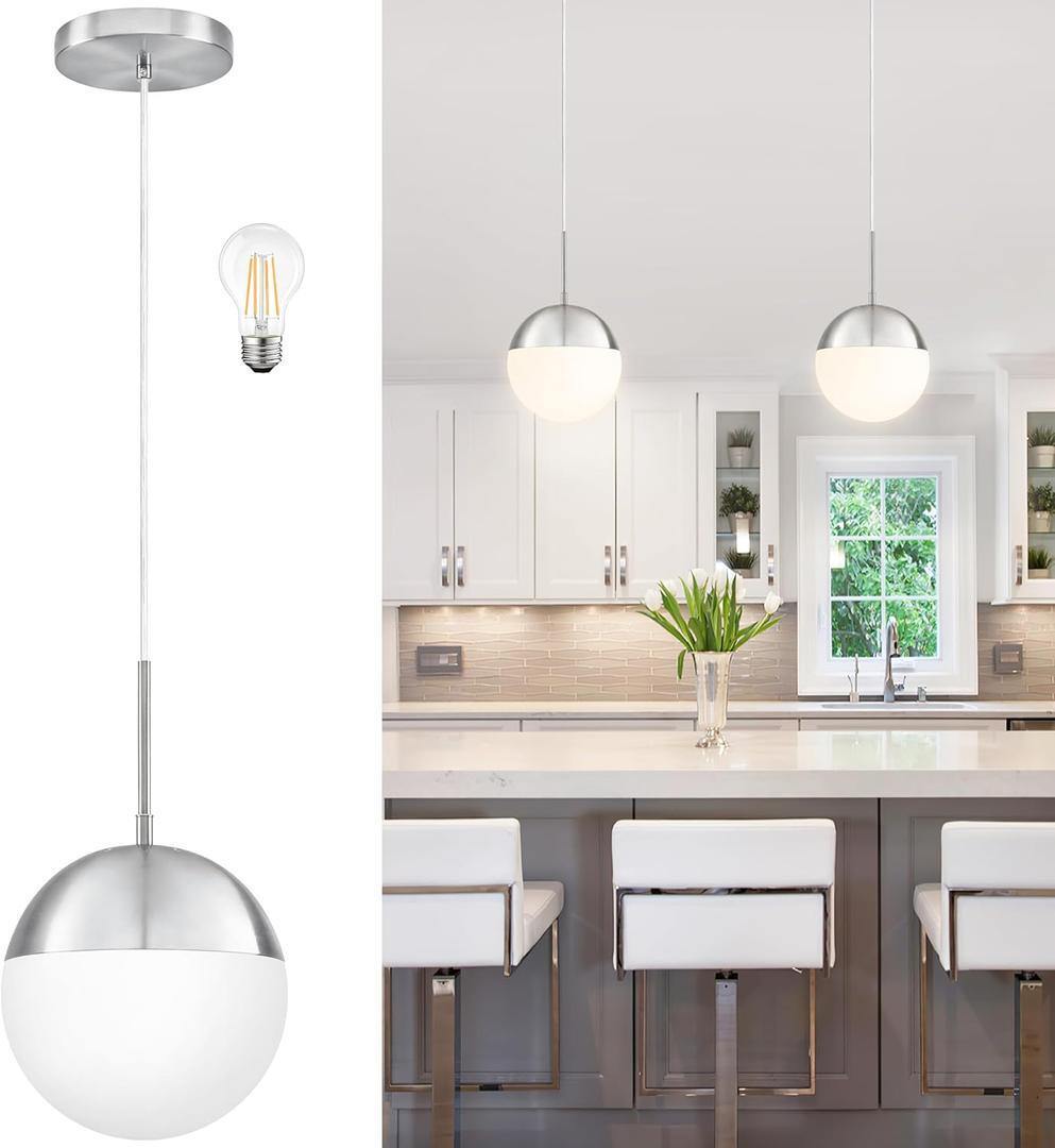 8 Inch Nickel Pendant Light Frosted White Glass Globe Adjustable Hanging Fixture