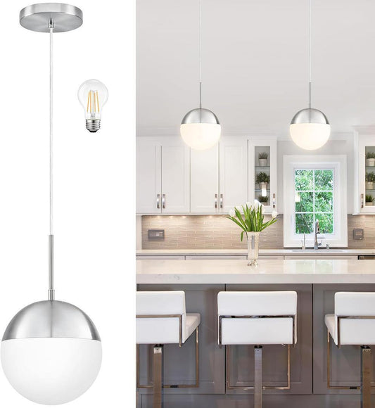 8 Inch Nickel Pendant Light Frosted White Glass Globe Adjustable Hanging Fixture