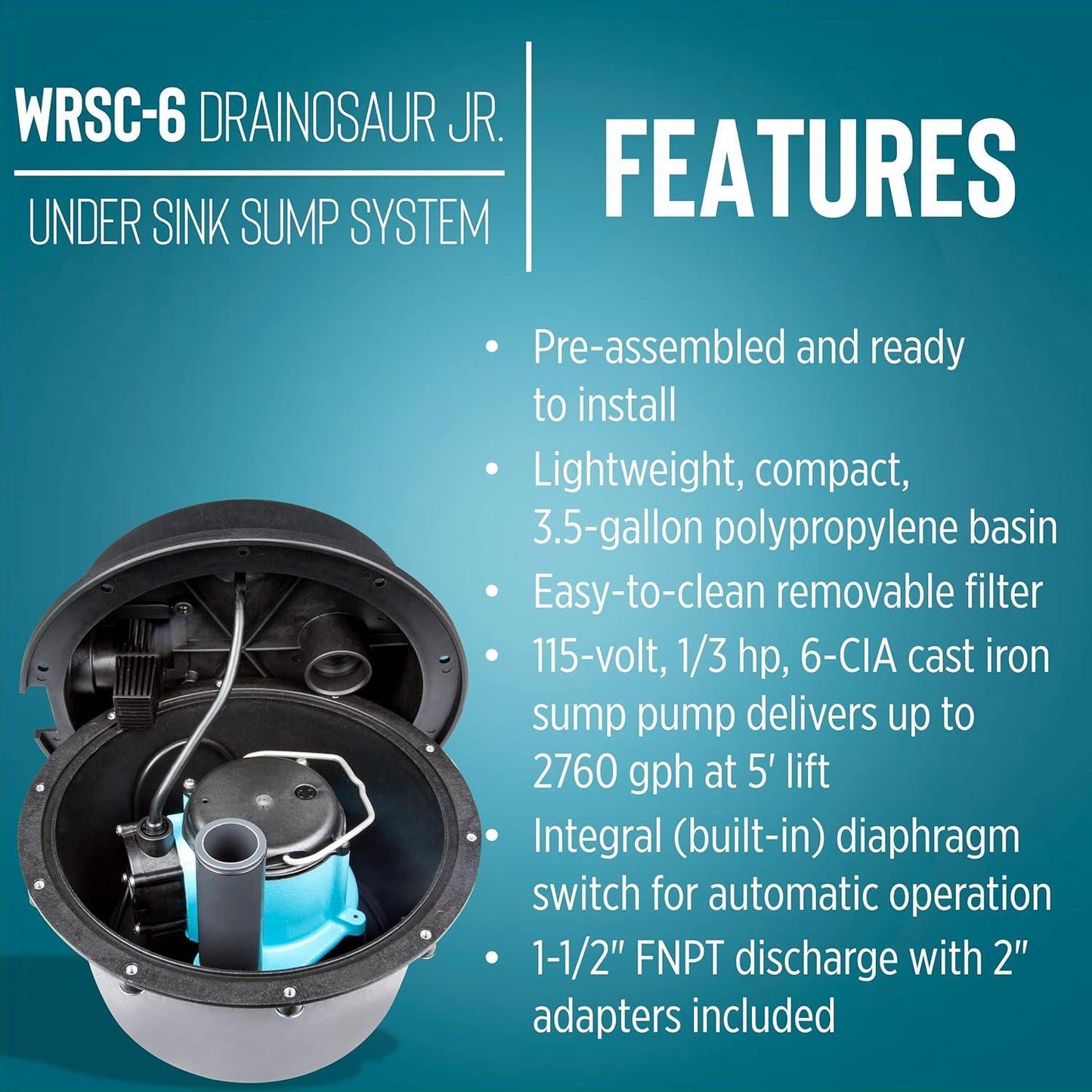 Little Giant 506065 WRSC-6 - Compact Drainosaur 1/3 HP Sink/Drain 3.5 Gal Tank