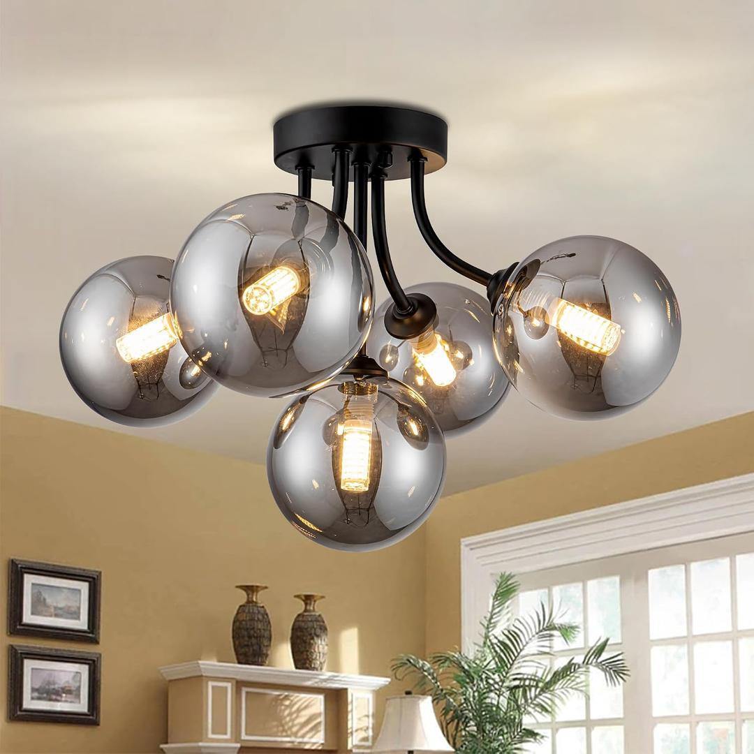 Sputnik Black 5-Light Chandelier Smoke Glass Globe 15.35in G9 Ceiling Light