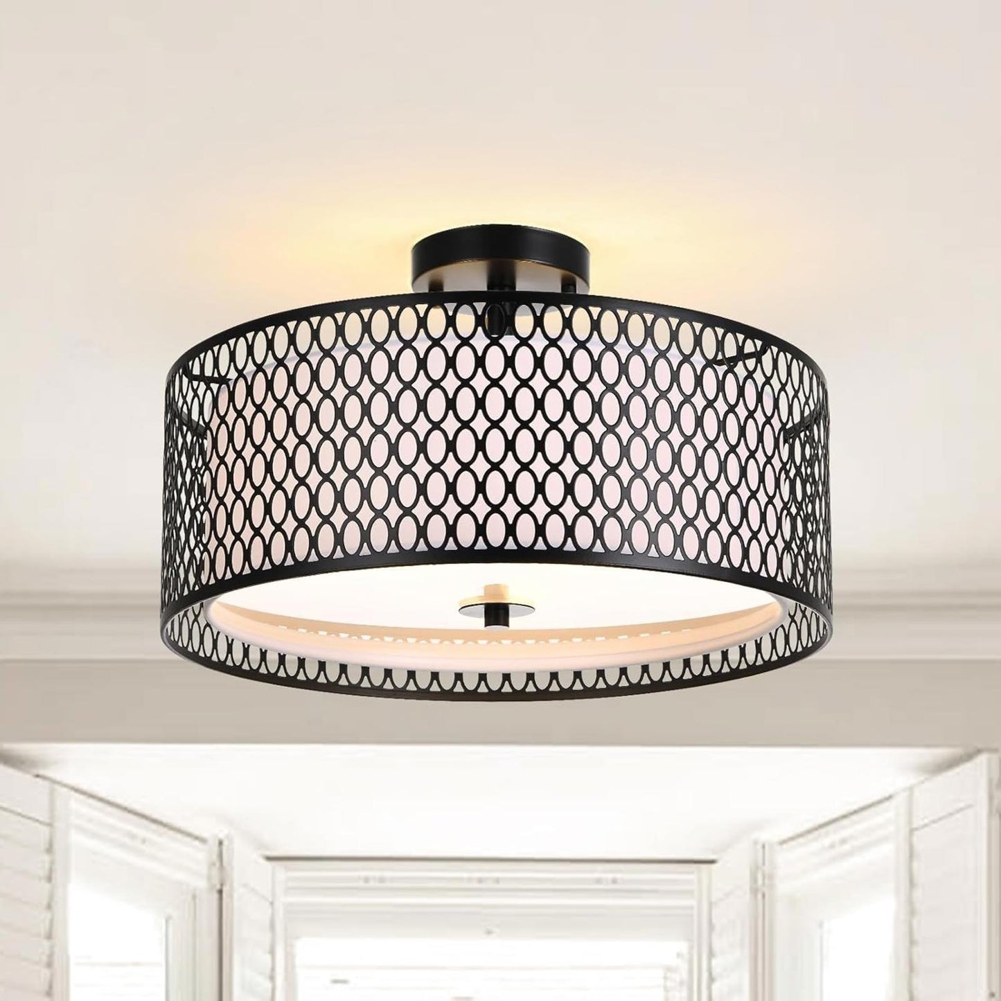 17" Semi Flush Mount Ceiling Light Fixture, Modern 3-Light E26 Double Drum Ceili