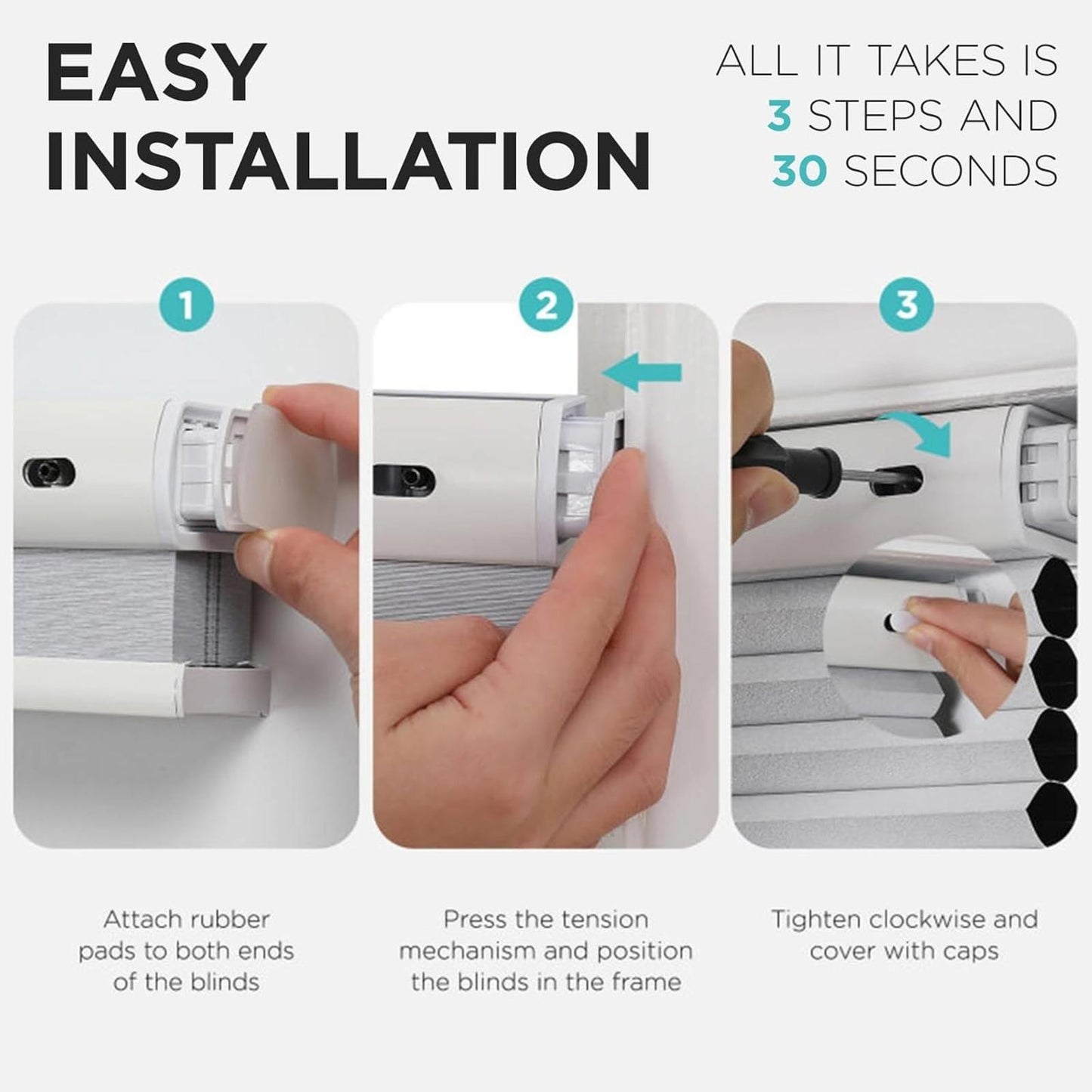 No Tools No Drill Window Blinds for Indoor Windows, Blackout Shades Cellular