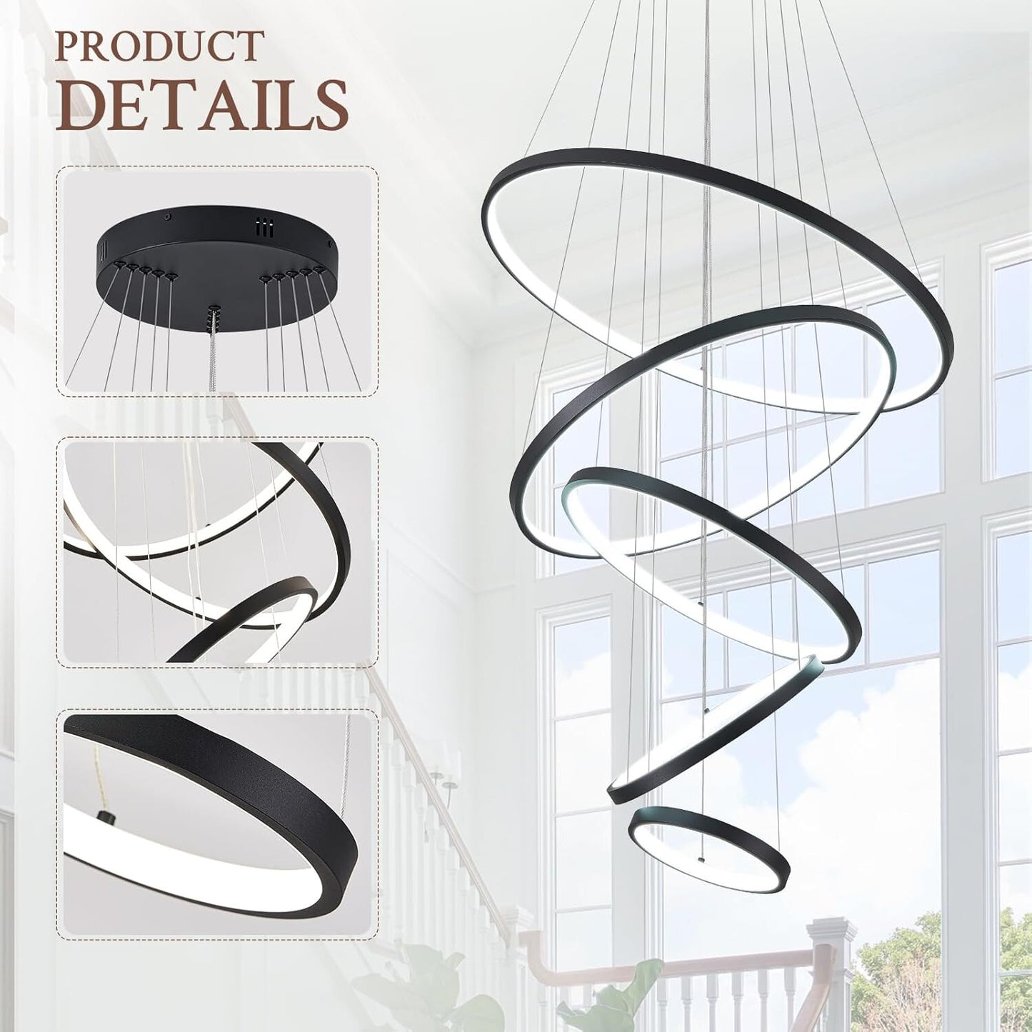 Dimmable 5 Ring LED Chandelier with Remote - Modern Pendant Lighting 3000K-6500K