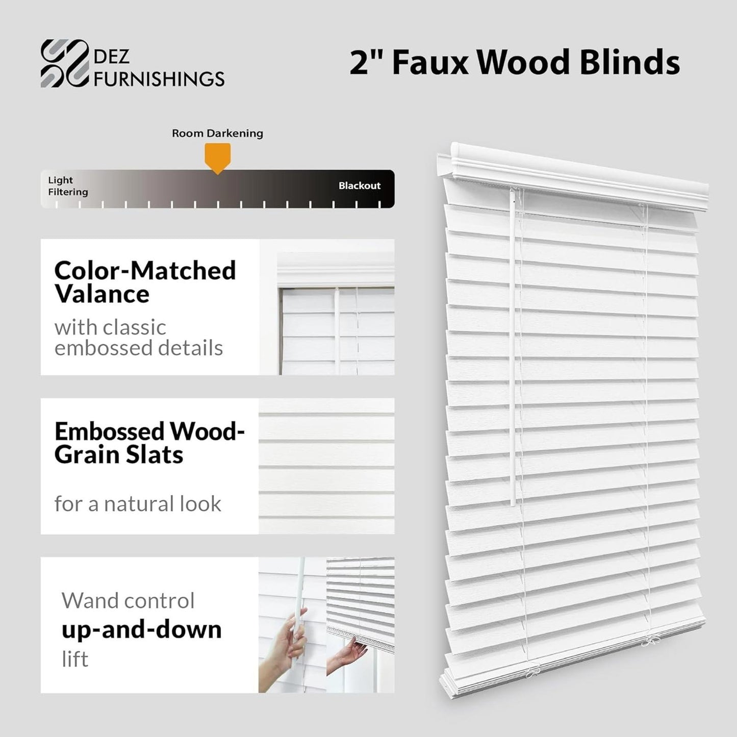 DEZ FURNISHINGS Cordless 2" Faux Wood Blind, 23.5" W x 64" H, White