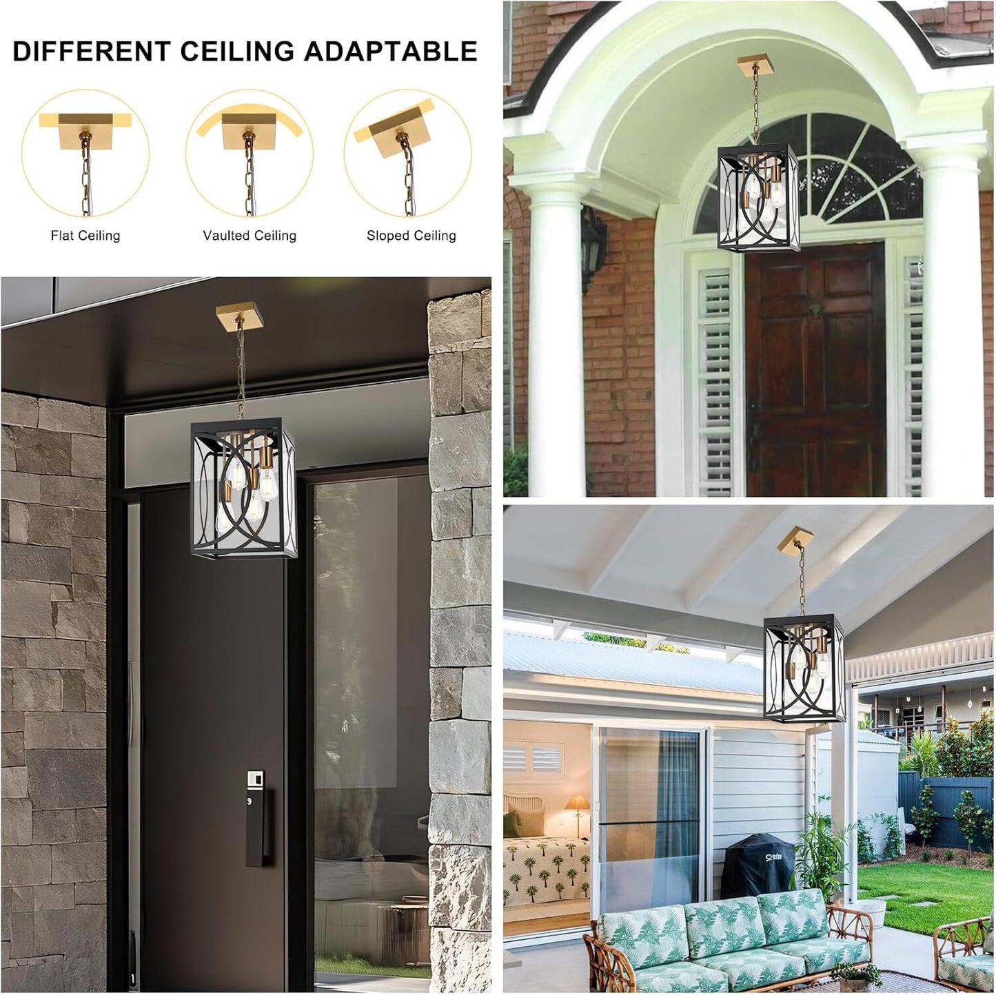 4-Lights Large Outdoor Pendant Light Fixture, E26 Bulb Base Porch Hanging Lighti