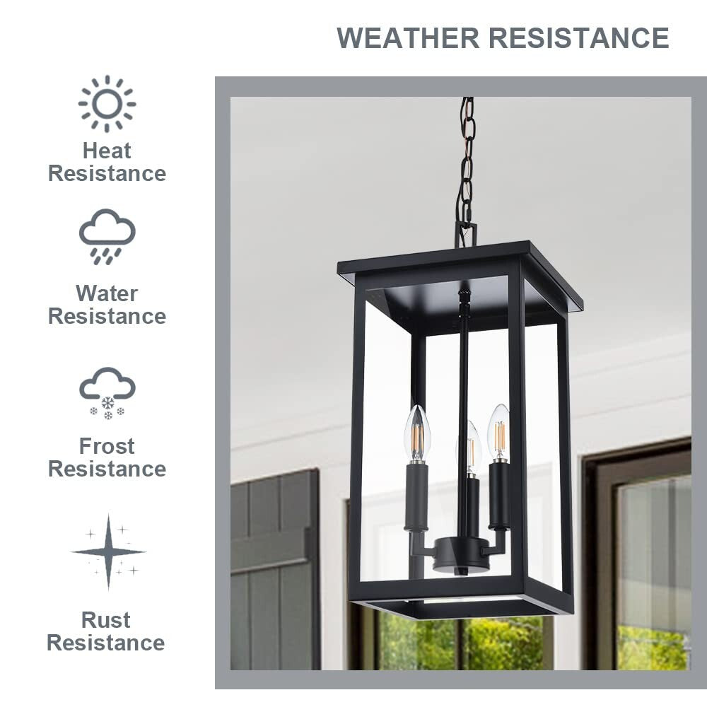 Black Outdoor Pendant Lanern, E12 Candle Chandelier 3-Lights Large Exterior H...
