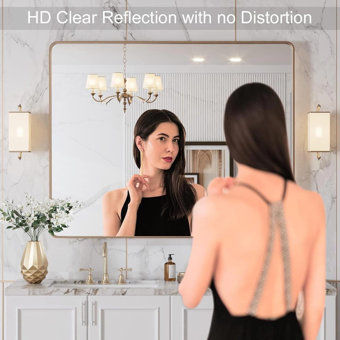 40”X36” Gold Bathroom Mirror, Rounded Rectangle Gold Frame Mirror