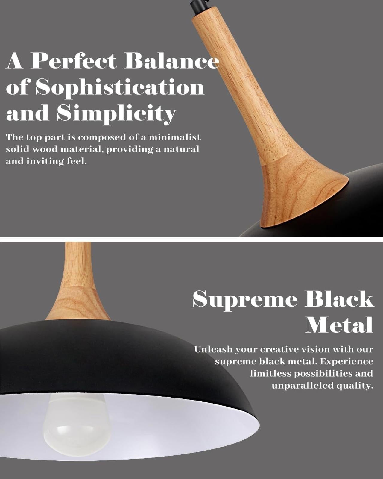 Black Pendant Light Kitchen Island 2 Pack 13.8 inch Pendant Light with Wood Cap