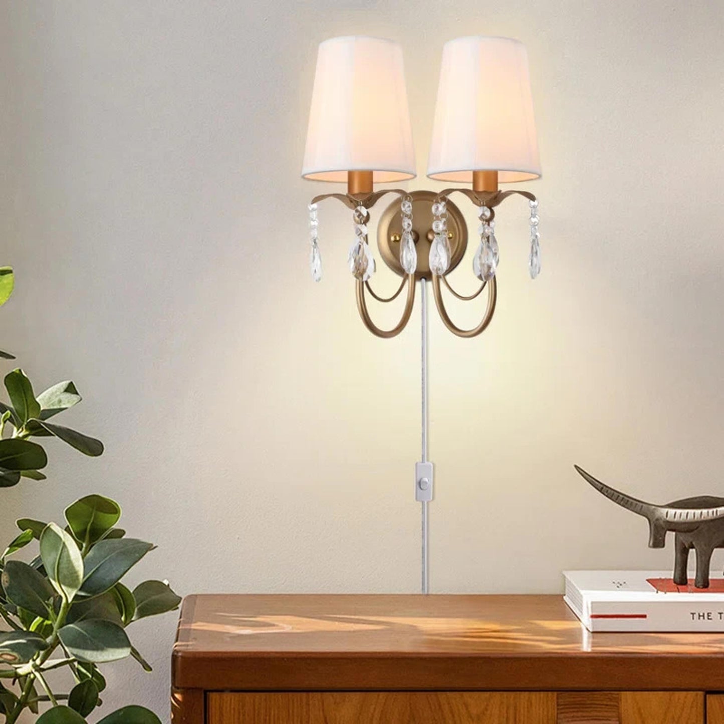 Vintage Wall Sconces with Fabric Lampshape& Crystal Hallway 2-Lights Wall Lamp