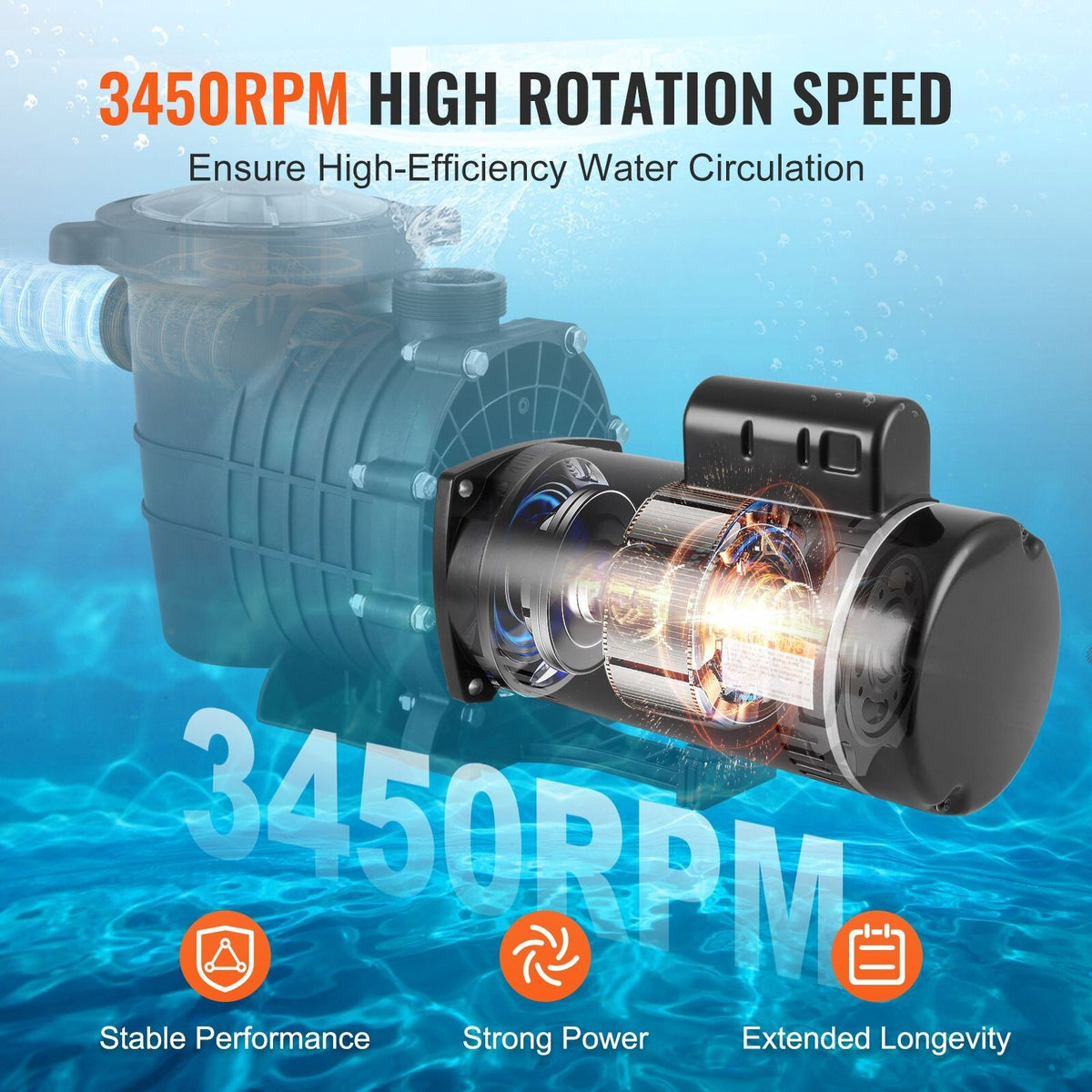 56Y Frame 2HP Pool Motor, 230V 3450 RPM Replacement 115/230V