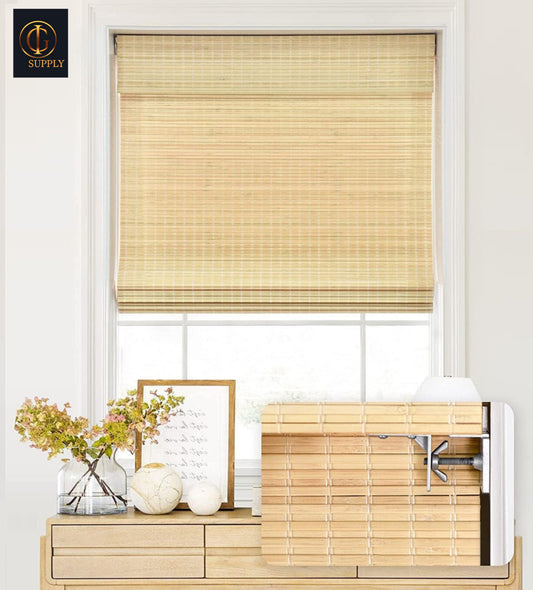 LazBlinds 32 x 64 Cordless Bamboo Roman Shades,Privacy Window, No Drill, Natural