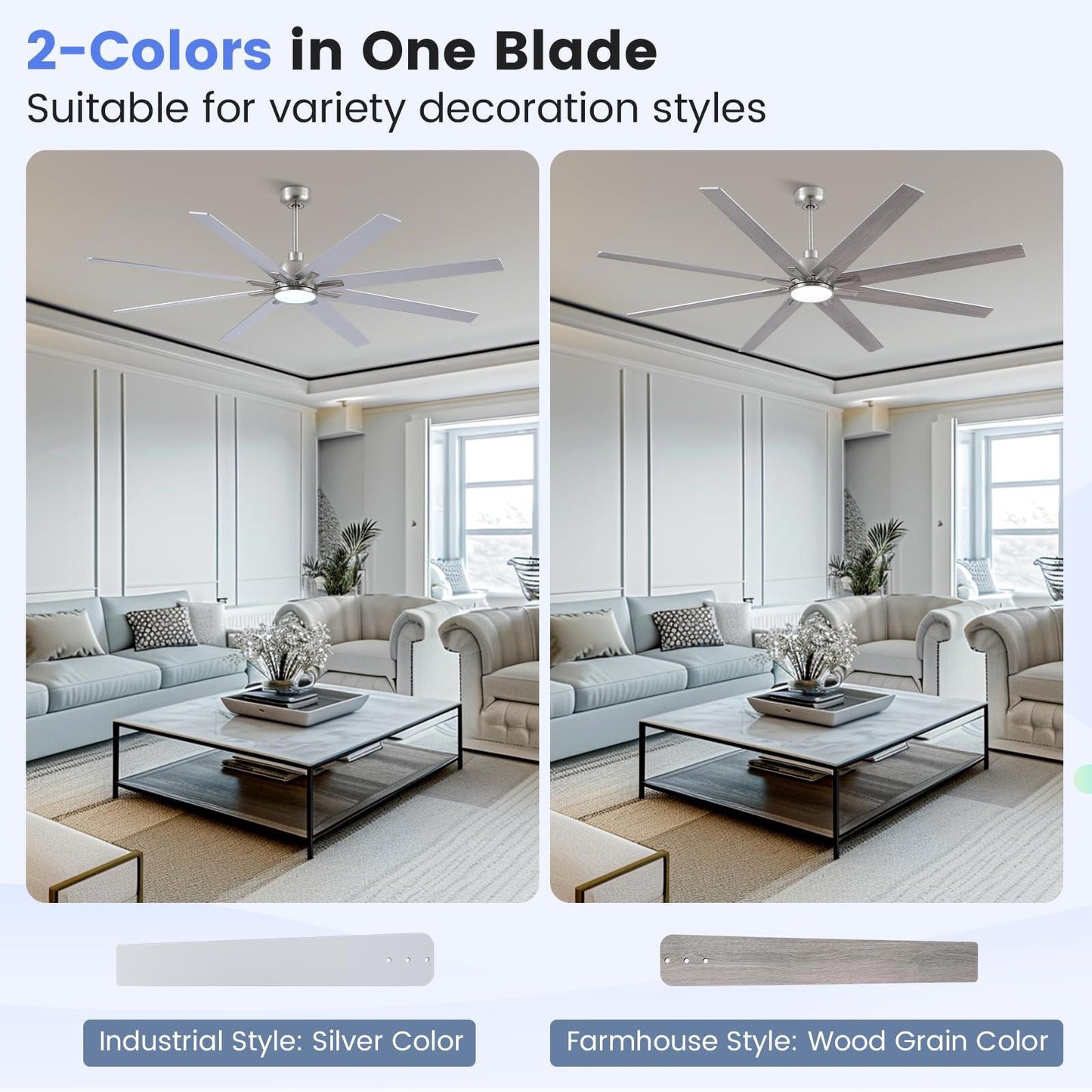 72 inch Large Ceiling Fans with Lights and Remote, Indoor/Outdoor Brushed Nic...