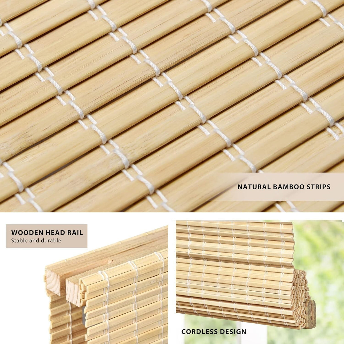 LazBlinds 32 x 64 Cordless Bamboo Roman Shades,Privacy Window, No Drill, Natural