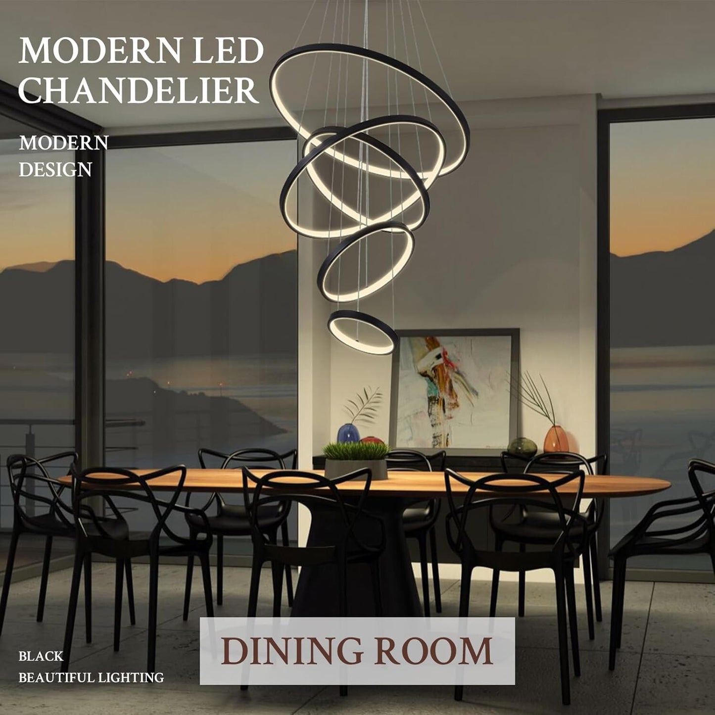 Dimmable 5 Ring LED Chandelier with Remote - Modern Pendant Lighting 3000K-6500K