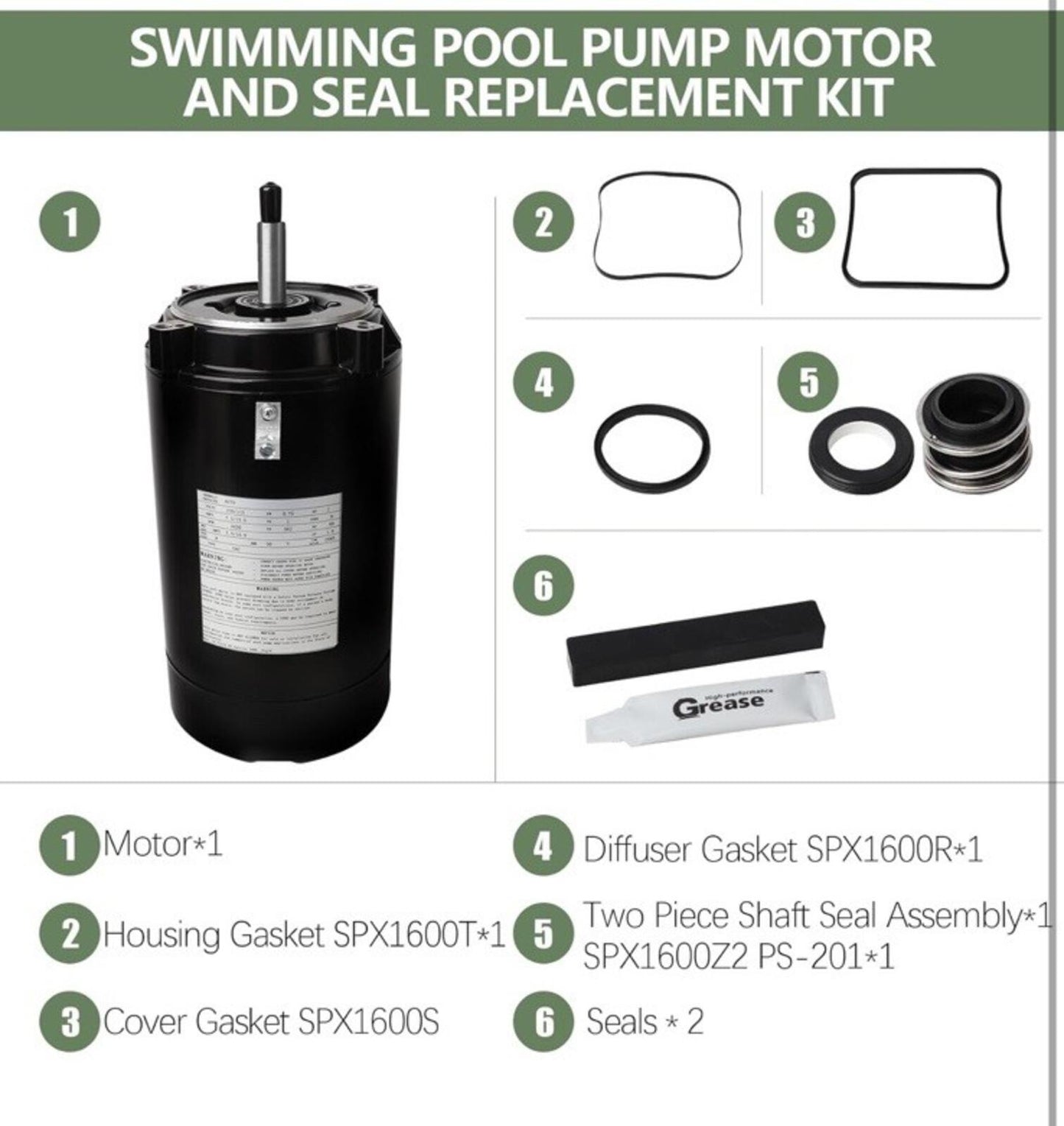 Ust1152 Pool Pump Motor 1.5Hp 56J Replacement W/ Seal Kit Hayward
