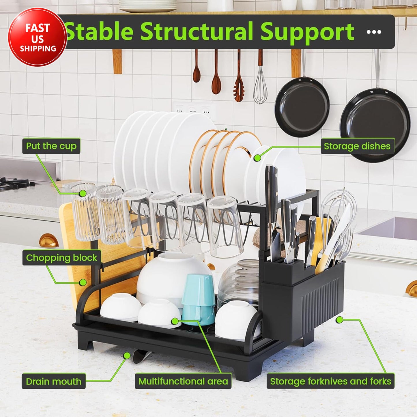 2-Tier Foldable Dish Drying Rack with Drainboard, Stainless Steel Large Capacity